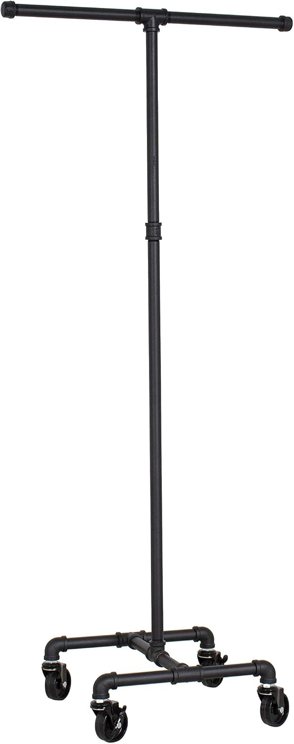 William Robert's Vintage Industrial Clothing Rack Heavy Duty Pipe 2-Way Black Powder Coated for Retail Store and Home