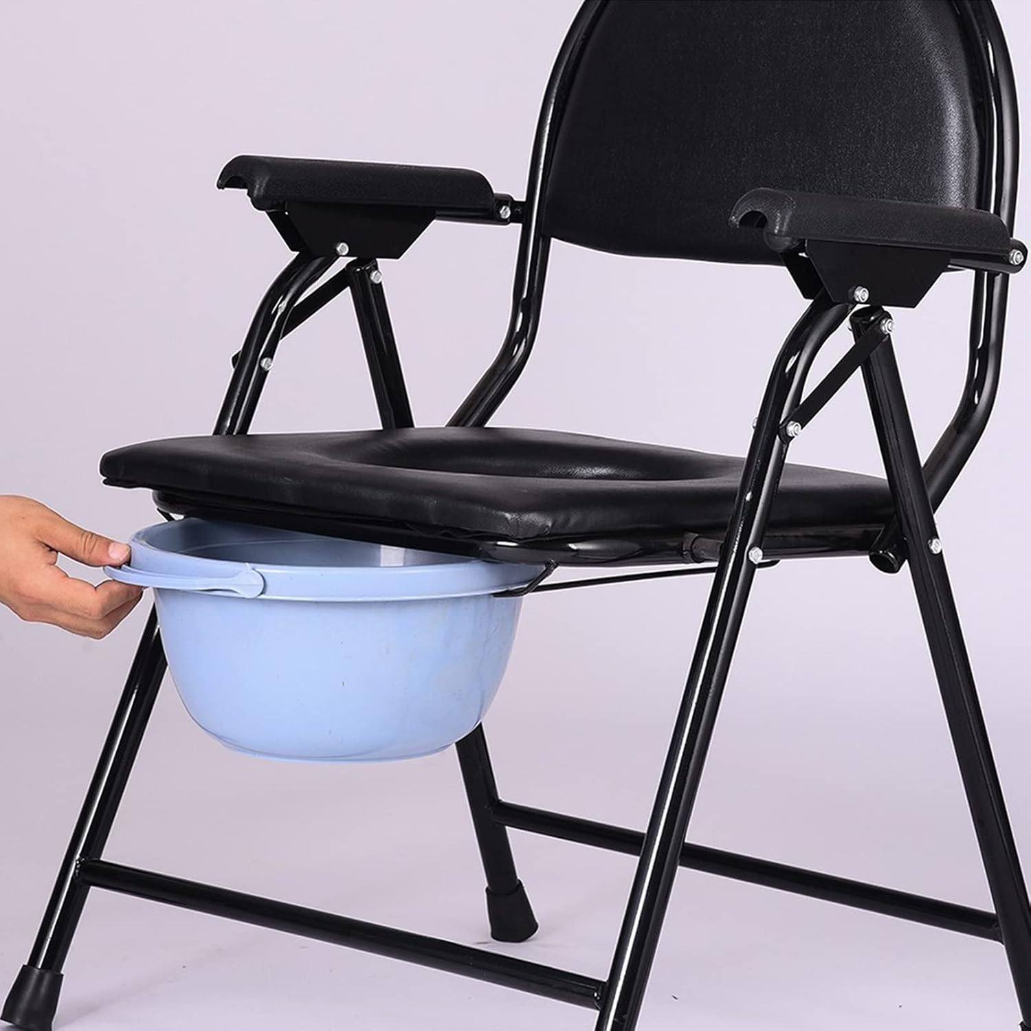 Heavy Duty Medical Bedside Commode Chair, Homecare Toilet Seat with Safety Steel Frame, Foldable Adjustable Height Shower Chair - Easy Assembly