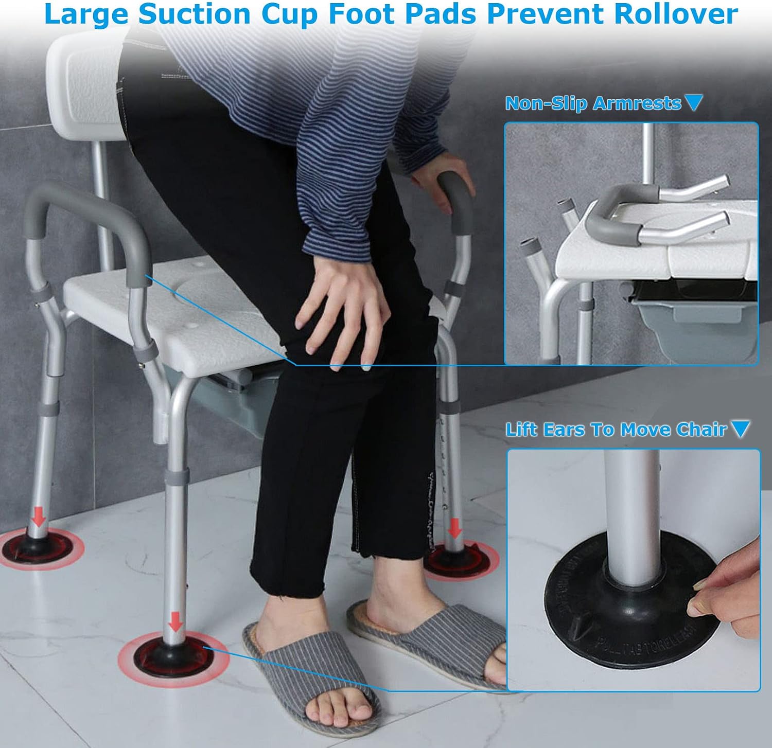 Bedside Commode Chair, Heavy-Duty Raised Toilet Seat with Flip-up Handles and 6-Gears Height Adjustable, Portable Bathroom Potty Chair for Adults