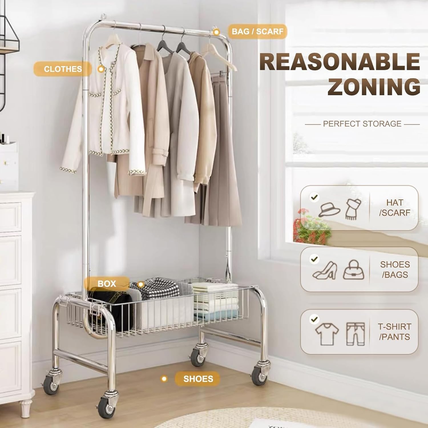 Garment Rack Rolling Clothes Rack With Storage Basket, Heavy Duty Metal Clothing Rack For Bedroom, Portable Clothes Organizer With Lockable Wheel, Freestanding Space-saving Coat Rac(Size:78X40X168CM)