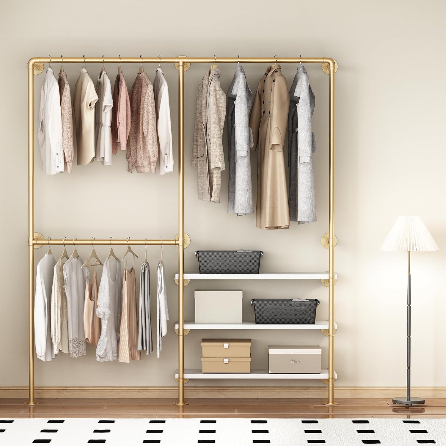 Industrial Pipe Clothing Rack, Gold Clothing Rack with Shelves, Wall Mounted Clothes Rack Heavy Duty Closet Organizers Wardrobe Multi-Purpose Storage Clothes Hanging Shelf - 70.8''L Gold