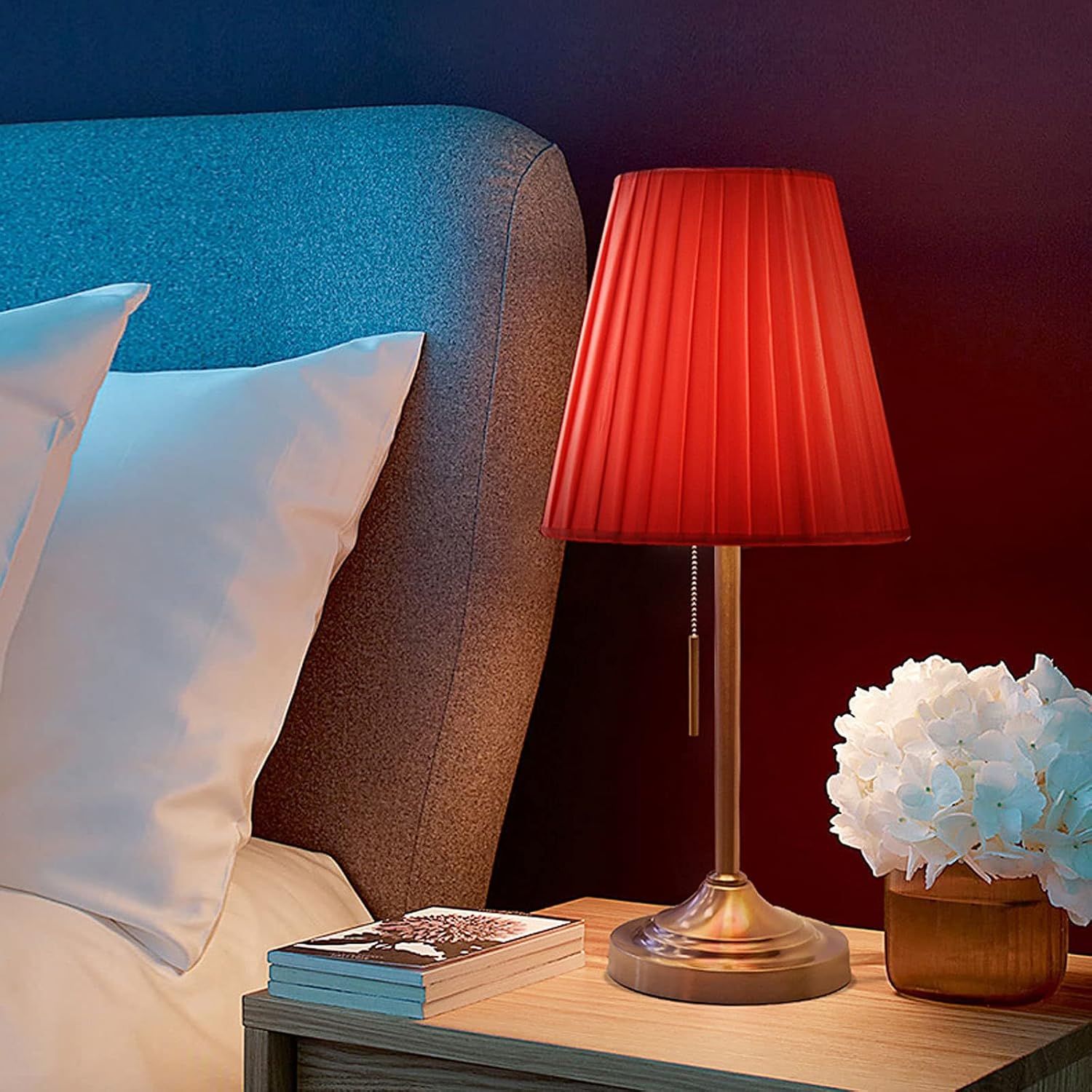 Bedside Lamp Table Lamp Set of 2 for Bedroom Living Room Office Bedside Antique Brass Finish Basic Table Lamp with Fabric Shade, Red Dimmable