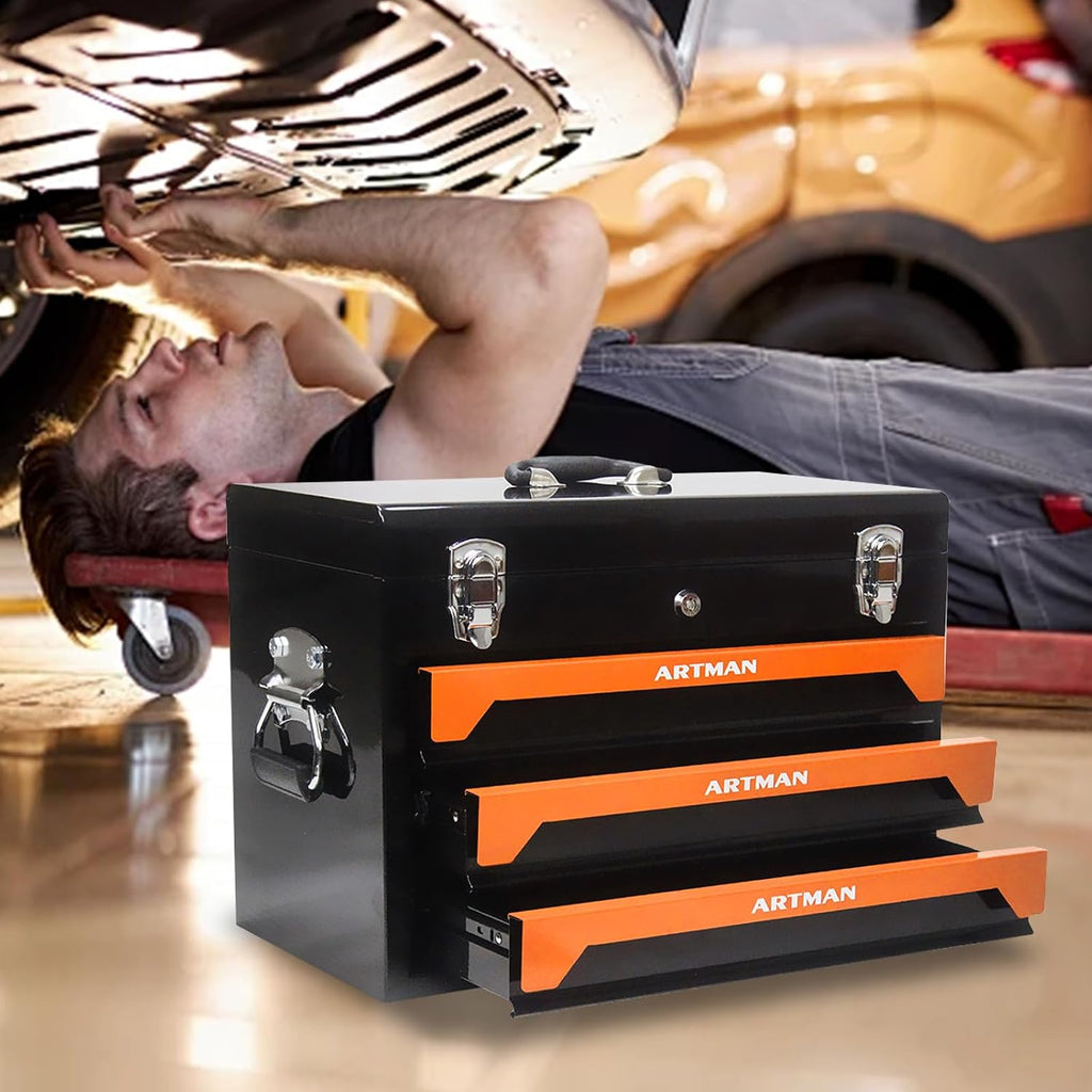 439 Piece Tool Set with Tool Box, 3-Drawer Toolbox Storage Case with Lock Portable Tool Chest with Tool Set General Household Tool Storage Organizer for Garage Workshop, Balck + Orange
