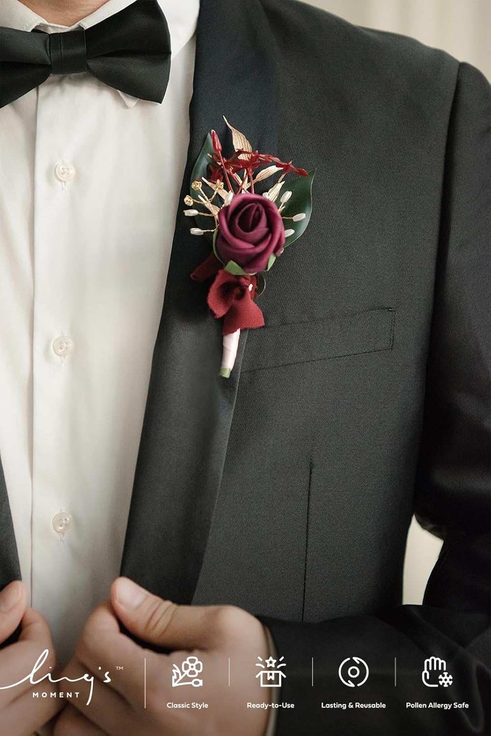 Ling's moment Wedding Artificial Flowers Package, Bridal Bouquet, Bridesmaid Bouquets, Boutonniere for Men, Rose Petals.Burgundy Blush