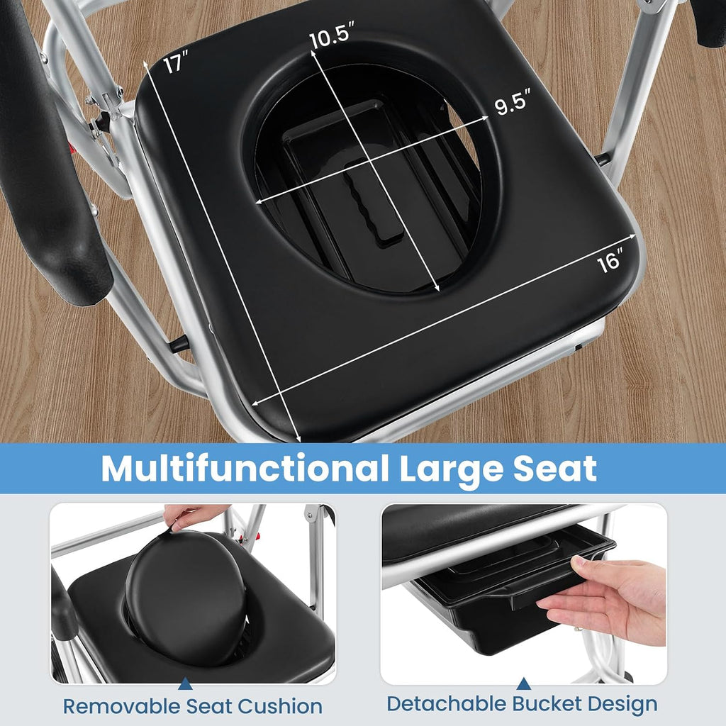 Giantex Bedside Commode Wheelchair for Toilet - Foldable Shower Chair with Arms, Lockable Casters, Detachable Bucket, Transport Wheelchair, Rolling Bath Chair, Shower Seats for Elderly, Handicap