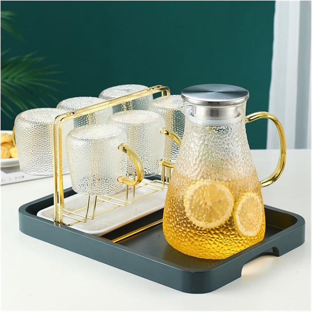 Beverage Serveware Cold kettle glass cold water cup household hammer pattern high temperature resistant teapot large capacity cold kettle set Water Carafe(1800ml)