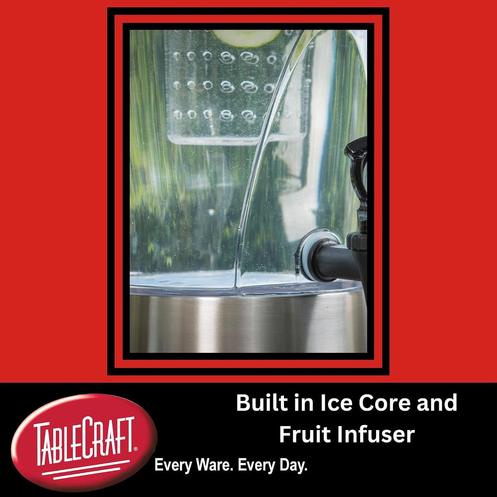 TableCraft N175 Cold Beverage Dispenser, 3.5 Gal, Stainless Steel & Tritan, 11¼' Dia x 23½', Includes Removable Infuser Tube, Clear Glass Design, BPA-Free, NSF Certified, Ideal for Events