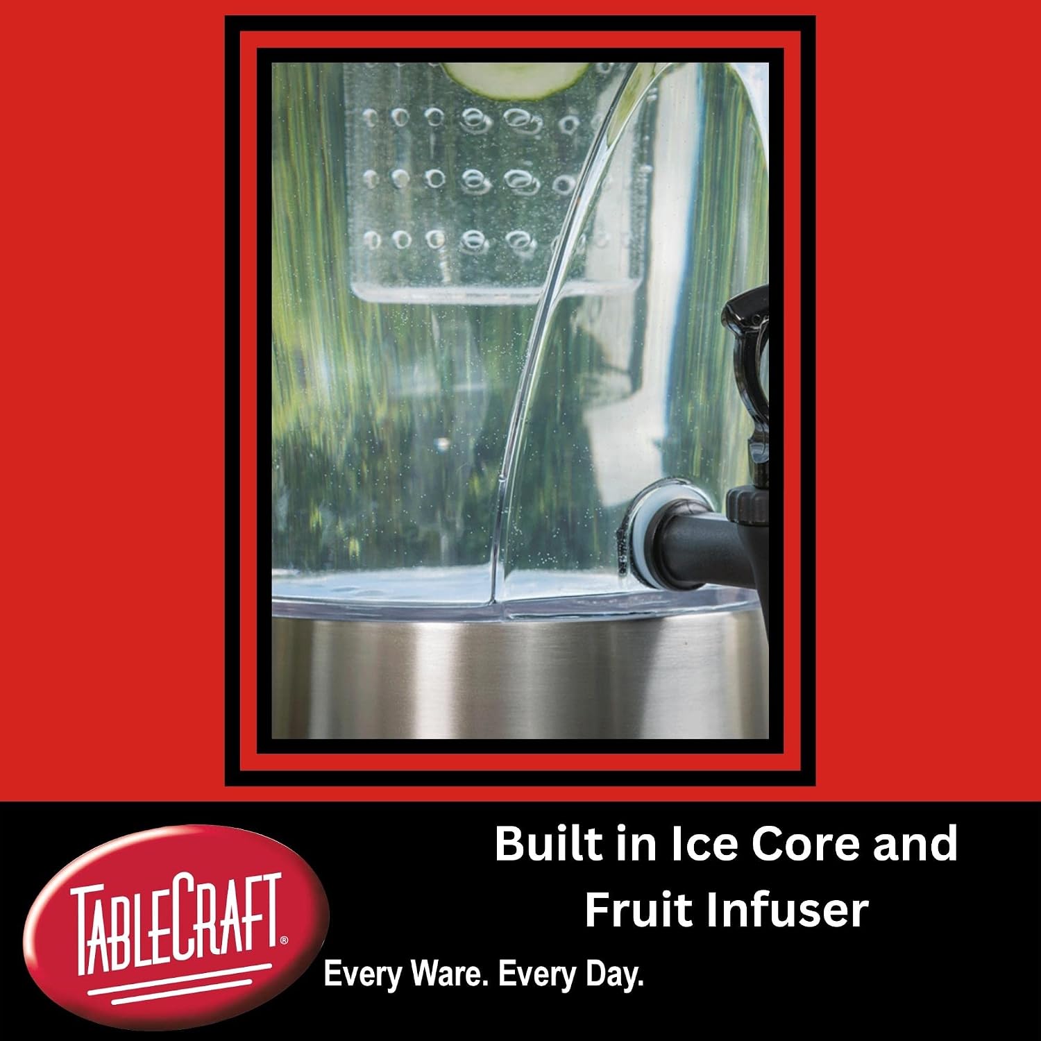 TableCraft N175 Cold Beverage Dispenser, 3.5 Gal, Stainless Steel & Tritan, 11¼' Dia x 23½', Includes Removable Infuser Tube, Clear Glass Design, BPA-Free, NSF Certified, Ideal for Events