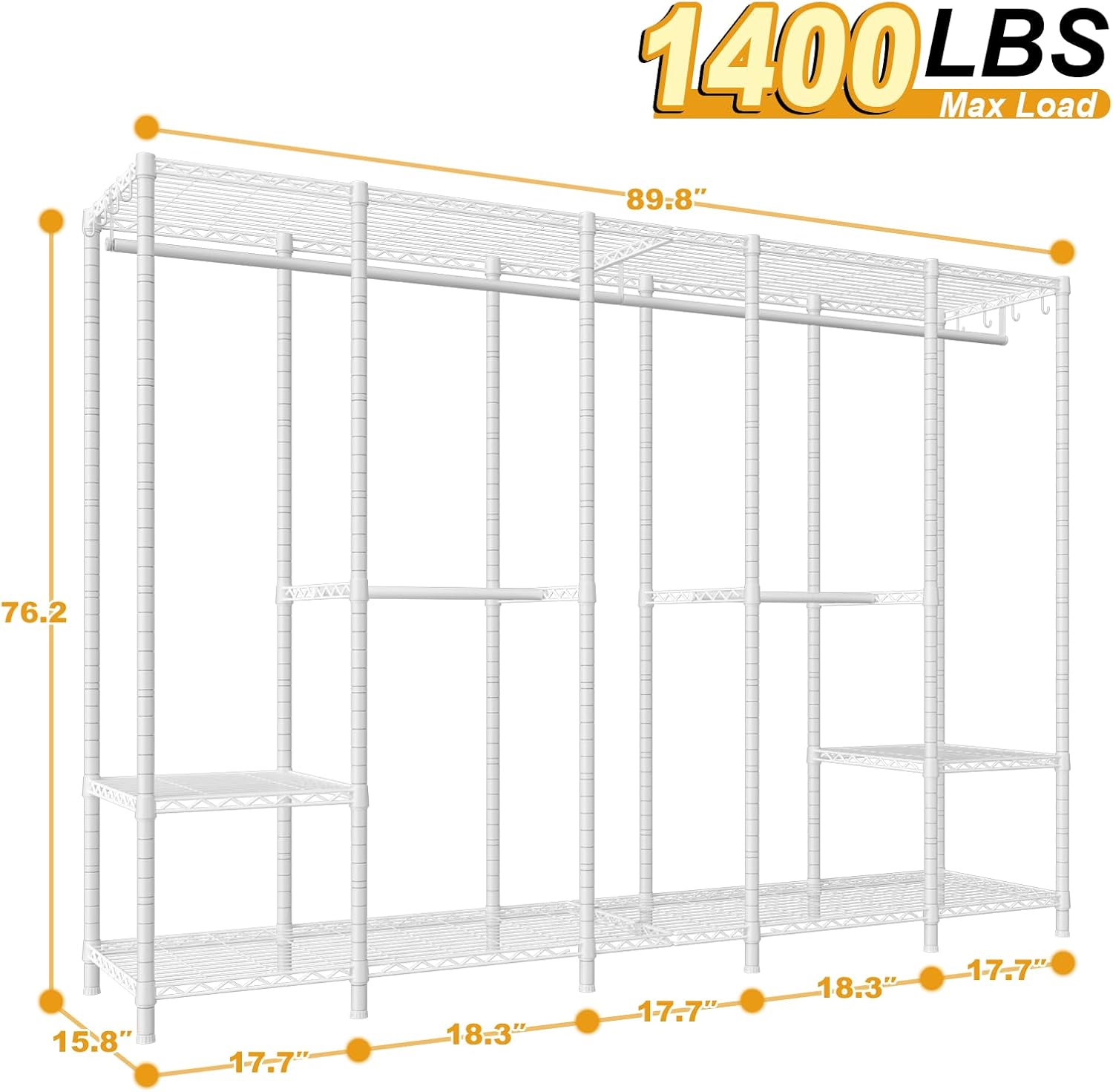 Ulif H50 Extra Large Clothes Rack, Heavy Duty Garment Rack, Freestanding Portable Closet, Clothing Racks for Hanging Clothes, Wardrobe Closet 89.8'' W x 15.8' D x 76.4' H, Max Load 1400 Lbs, White