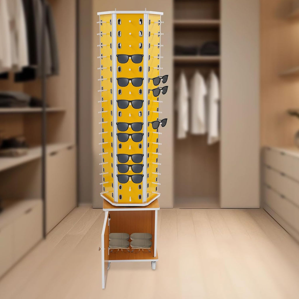 102 Pairs Rotating Glasses Display Stand, Eyewear Storage Organizer with Cabinet & Wheels, Commercial Sunglasses Display Rack, Optical Shop Glasses Holder (Yellow)