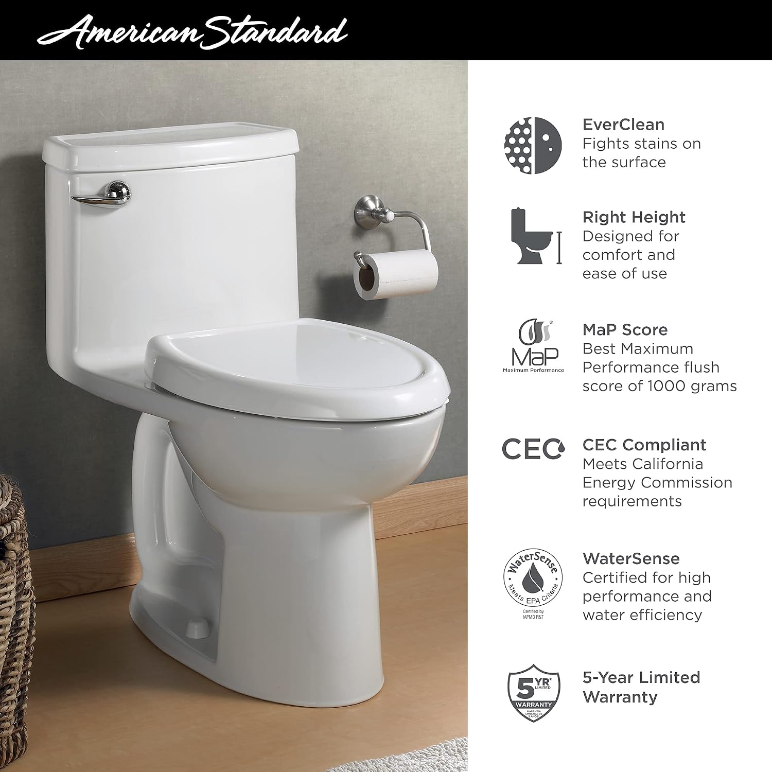 American Standard 2403128.021 Compact Cadet 3, One-Piece Toilet with Slow Close Toilet Seat, Elongated Front