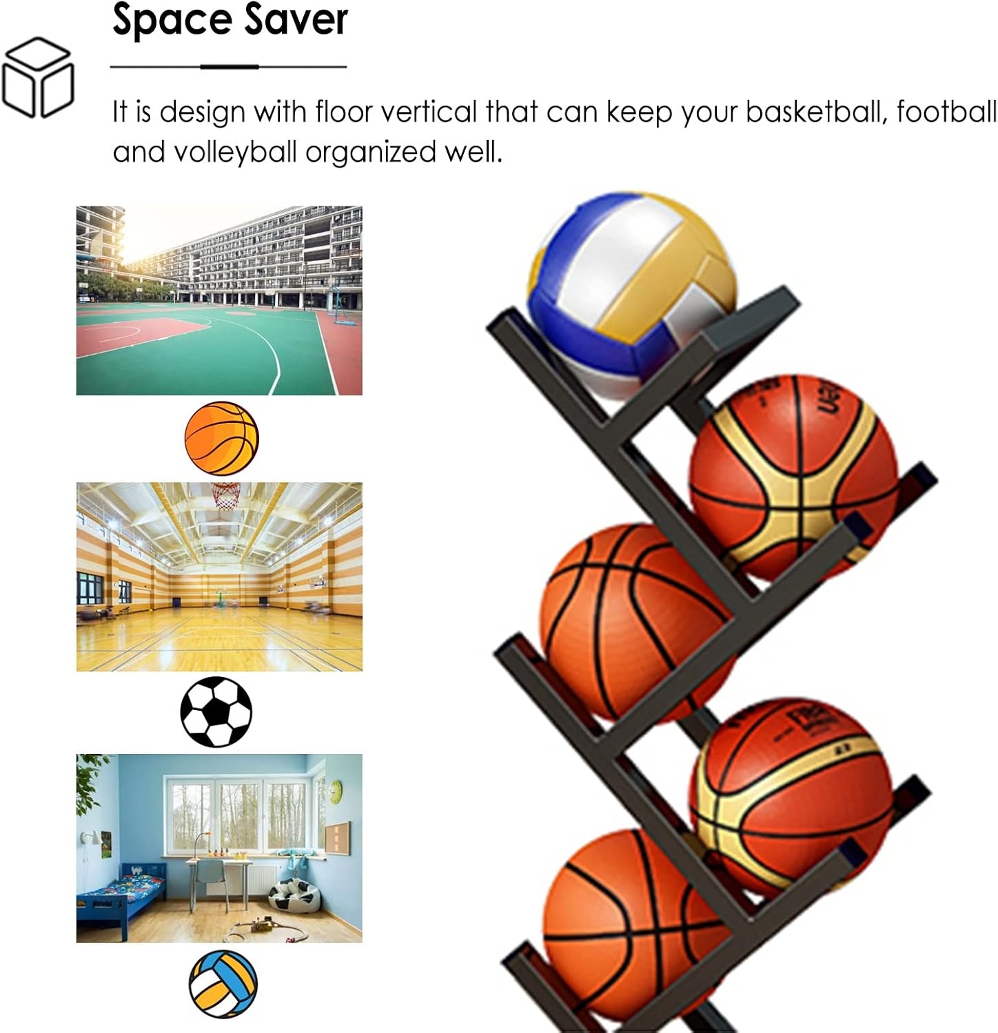 Sports Ball Storage Stand Sports Ball Storage Rack, Kids Toddlers Basketball Organizer for Garage Bedroom School, Black Vertical Football Volleyball Display Stand