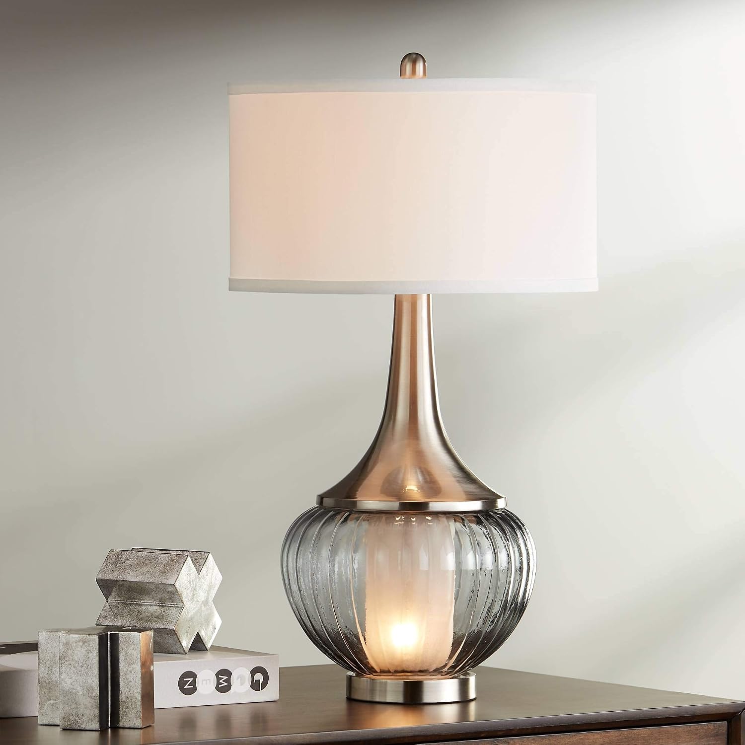 360 Lighting Courtney Modern Table Lamps 28 1/2' Tall Set of 2 with Night Light Brushed Nickel Ribbed Glass White Linen Drum Shade for Bedroom Living Room House Bedside Nightstand Office
