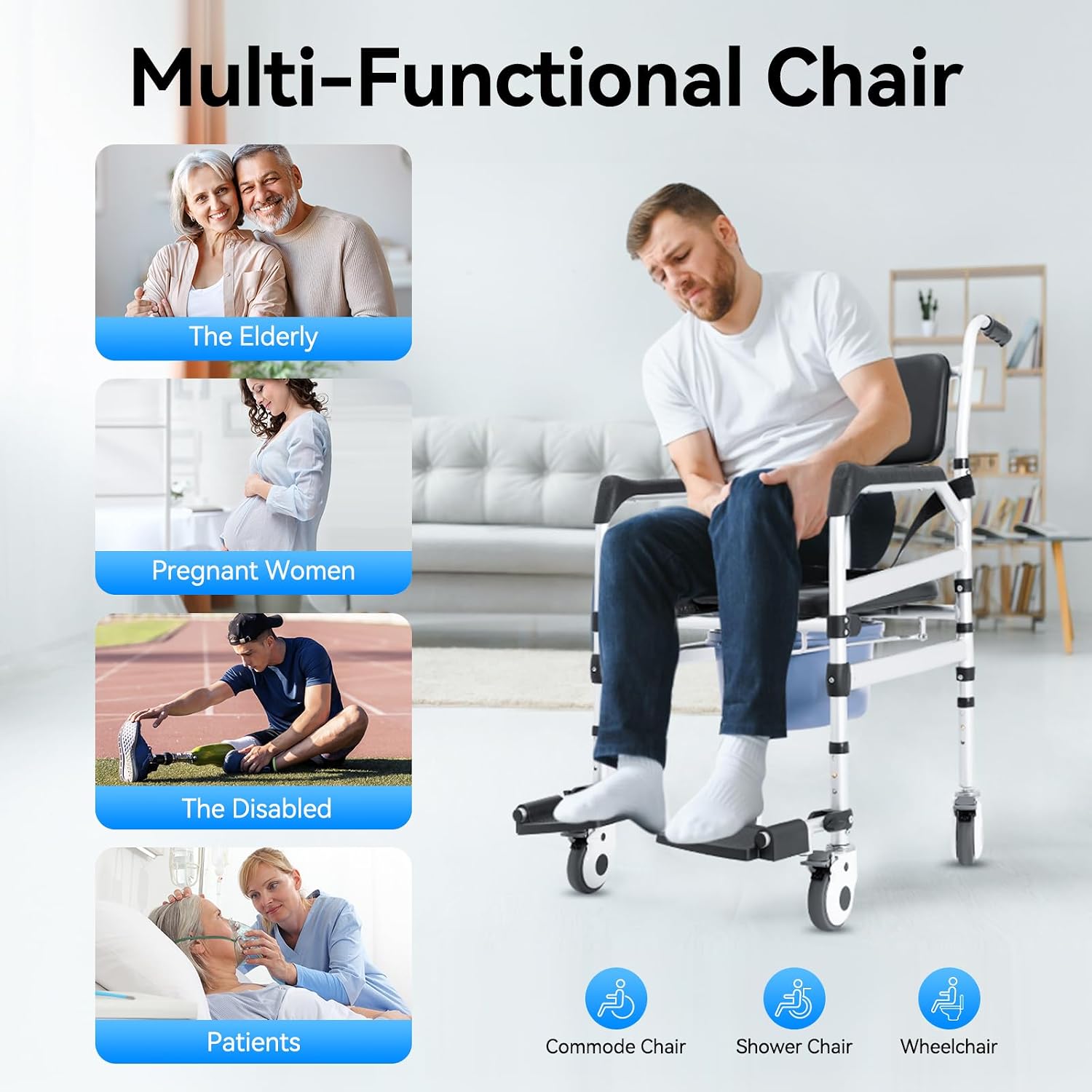 Shower Chair, Rolling Shower Chair with Handles Arms, Bedside Commode Chair with Wheel, Wheelchair for Elderly Disable,Heavy Duty Raised Toilet Seat Riser for Adults