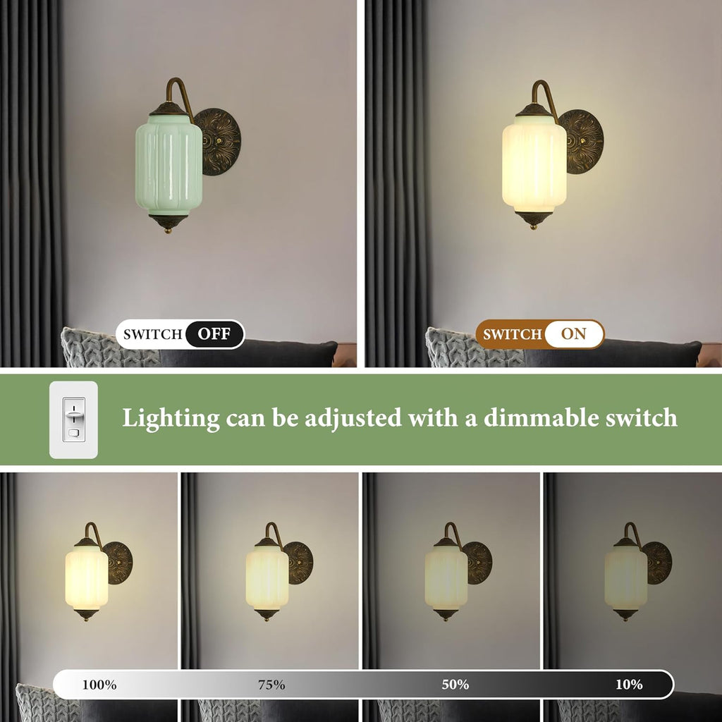 Vintage Milk Glass Wall Sconce - Set of 2 Green Dimmable Wall Mount Lighting with Bulbs - Antique Brass Gold Sconces - Mid Century Vanity Light Fixture for Bathroom Bedroom Living Room Hallway Decor
