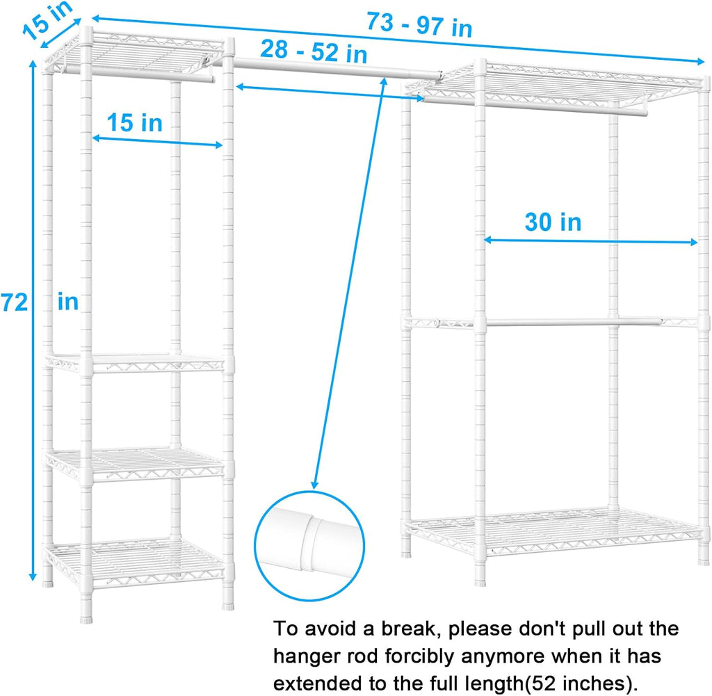 Ulif E10 Clothes Rack（With Stretchable Hanger Rod）Freestanding Clothing Racks for Hanging Clothes，Adjustable Closet Organizer System，Portable Garment Rack 73-97'W x 15' D x 72' H，Max Load 800LBS，White