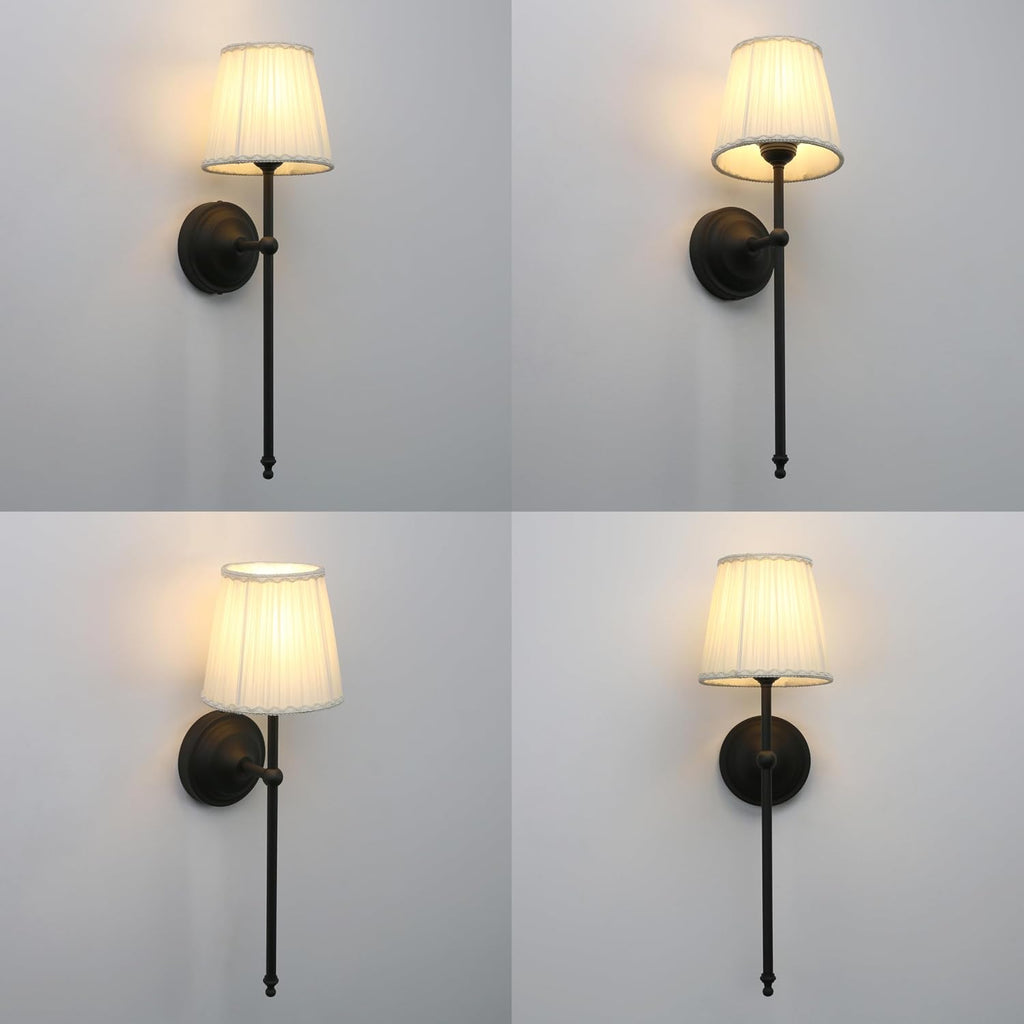 Phansthy Hardwired Brass Boho Wall Sconces Set of 2, Vintage Industrial Wall Lights 2 Pack, Vanity Light Wall Lamps with Lace Gauze Shade for Bedroom Living Room Hallway Decor (Black + White Shade)