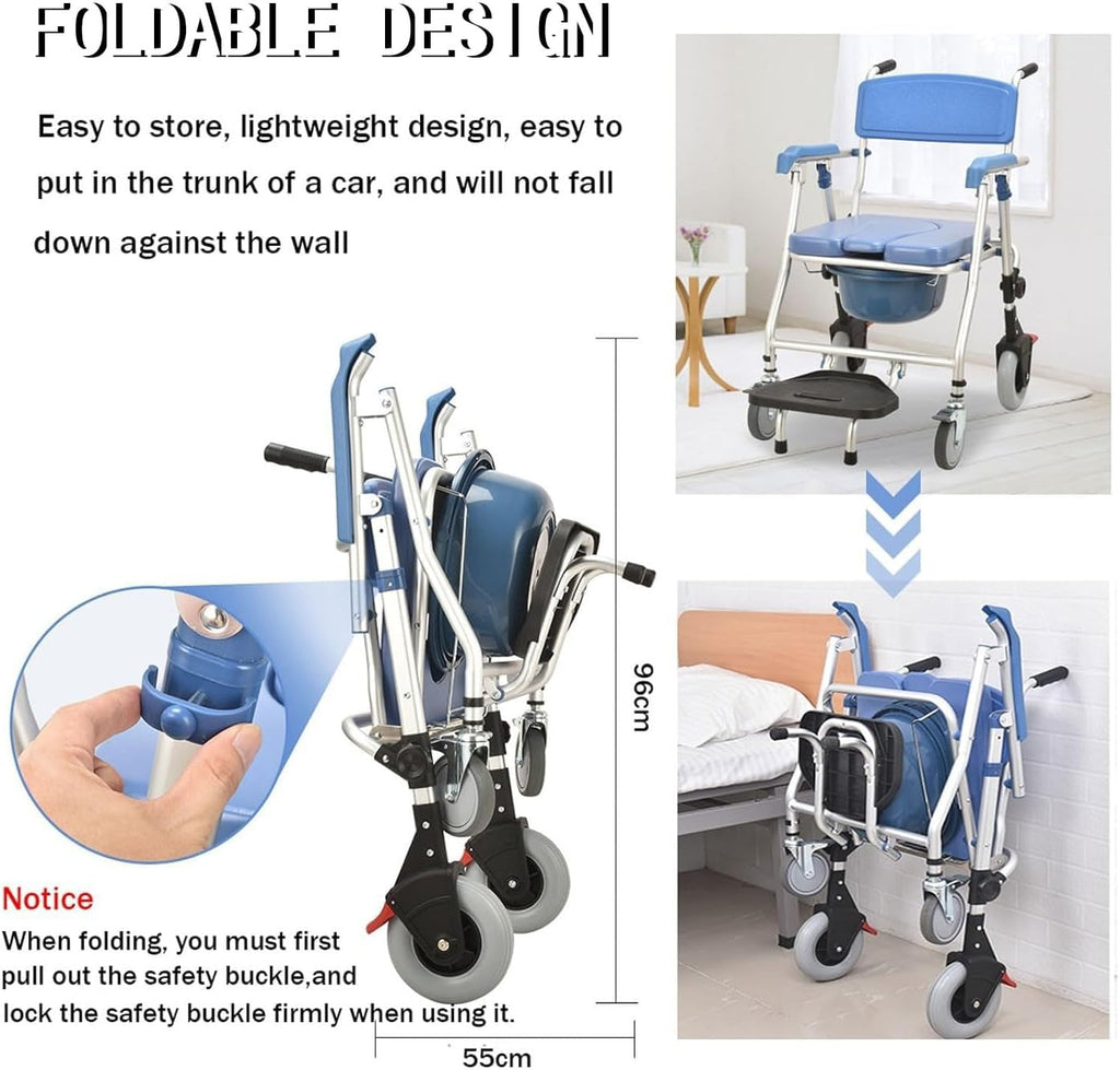 Commode Chair for Seniors with Wheels, 3-in-1 Toilet Shower Wheelchair for Seniors Injured Person Pregnant Shower Chair Foldable with Brake and Oval Commode, up to 150Kg
