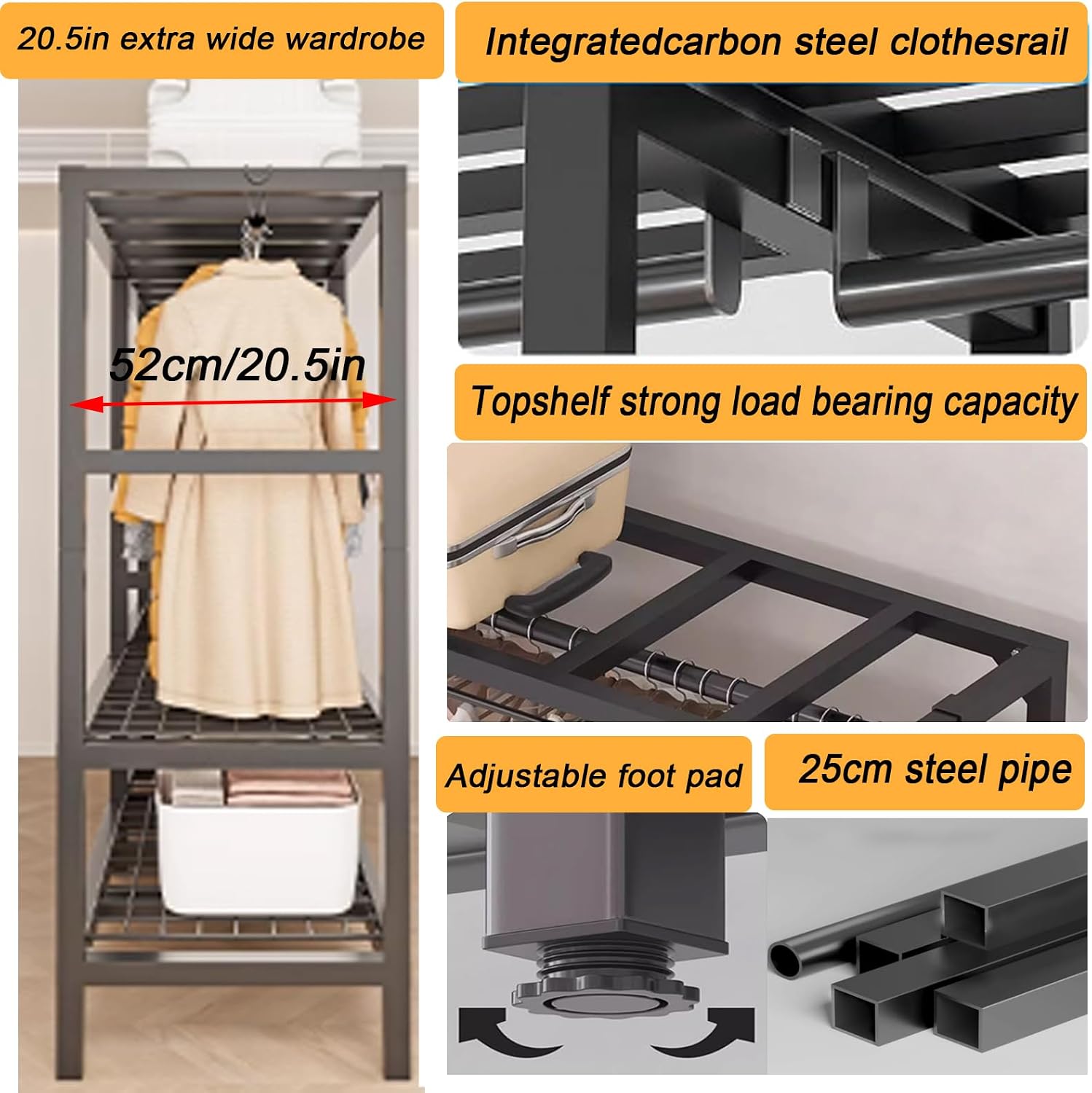 Foldable Heavy Duty Rolling Covered Metal Garment Rack on Lockable Wheels Large Capacity 360°Enclosed Portable Wardrobe Closet for Hanging Clothes (B, Black Door, 105cm/41.3in)