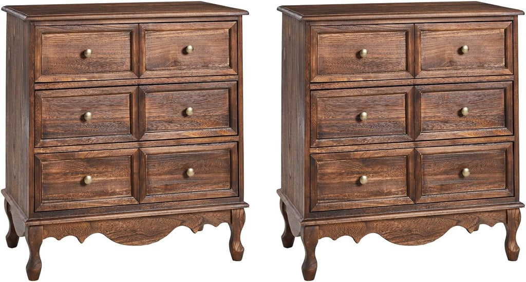 HULALA HOME 3-Drawer Nightstand with Charging Station, Drawer Organizer with Wood Legs, Farmhouse Solid Wood Nightstand Set of 2(Walnut)