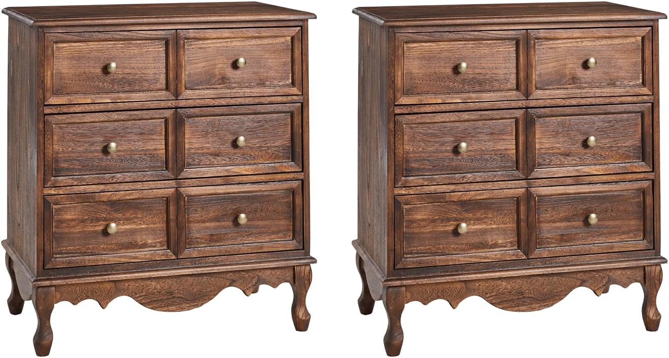 HULALA HOME 3-Drawer Nightstand with Charging Station, Drawer Organizer with Wood Legs, Farmhouse Solid Wood Nightstand Set of 2(Walnut)