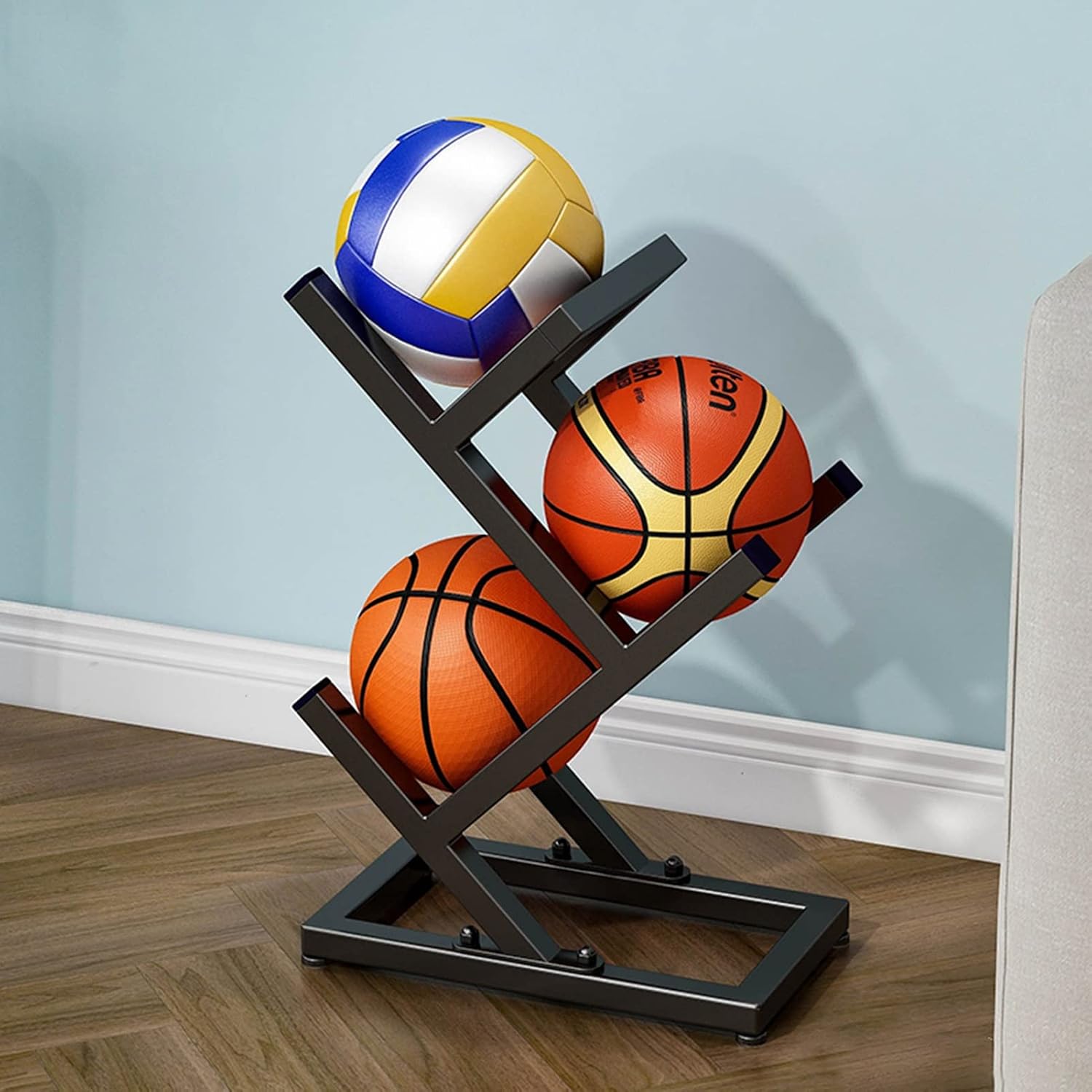 Sports Ball Storage Stand Sports Ball Storage Rack, Kids Toddlers Basketball Organizer for Garage Bedroom School, Black Vertical Football Volleyball Display Stand
