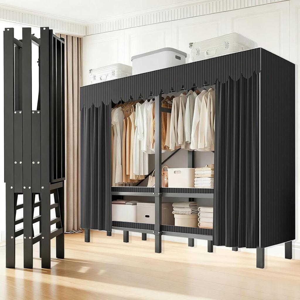 Foldable Portable Closet Wardrobe on Wheel Heavy Duty Metal Clothing Rack with Cover Freestanding Armoire Storage System Rolling Garment Racks for Hanging Clothes (D,Black Cover, 150cm/59.1in)