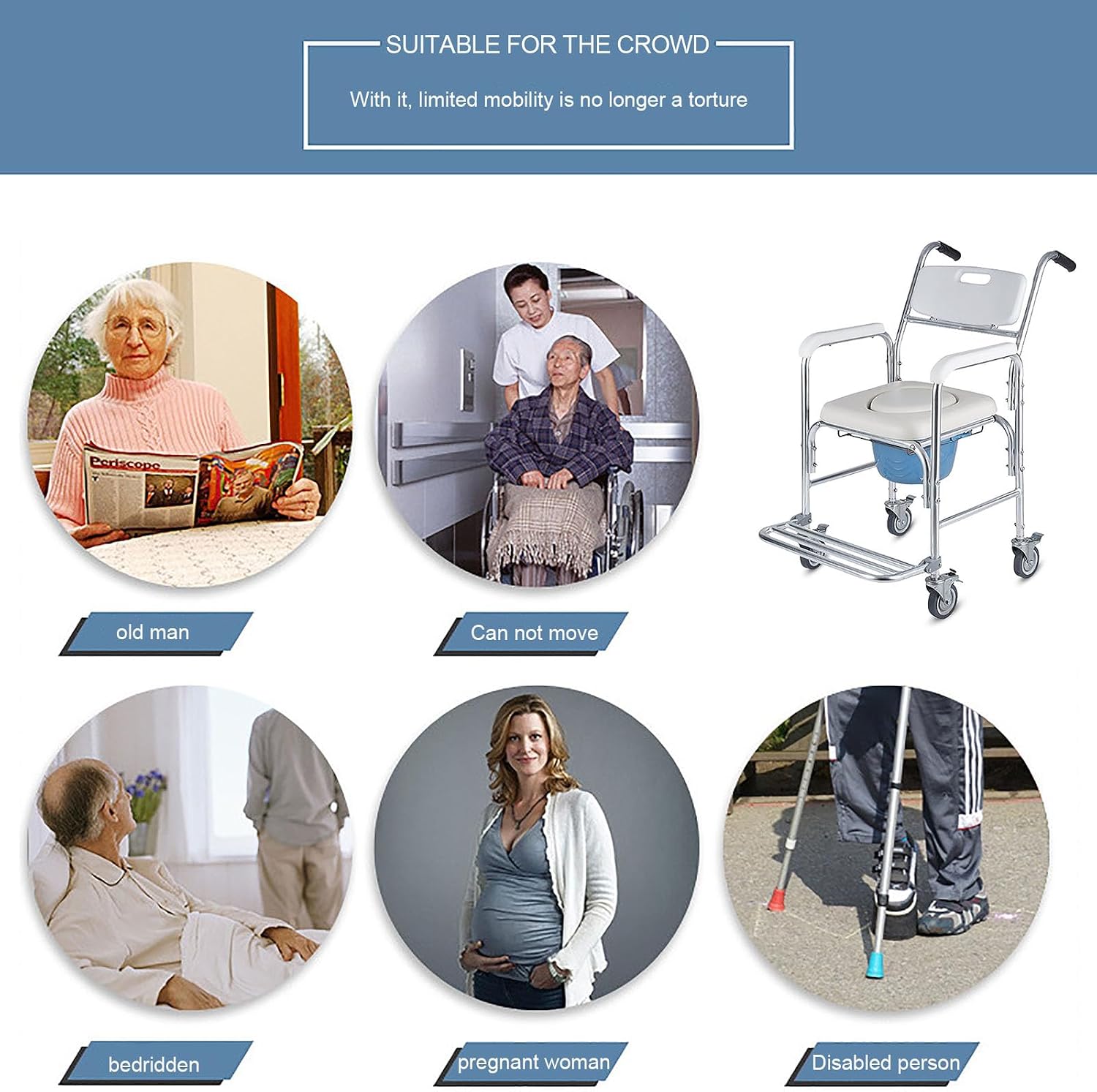 3-in-1 Shower Commode Wheelchair, Comfortable Padded Seat, Lightweight & Waterproof Rolling Over Toilet Chair, Ideal for Homecare, Weight Capacity 330 lbs, White