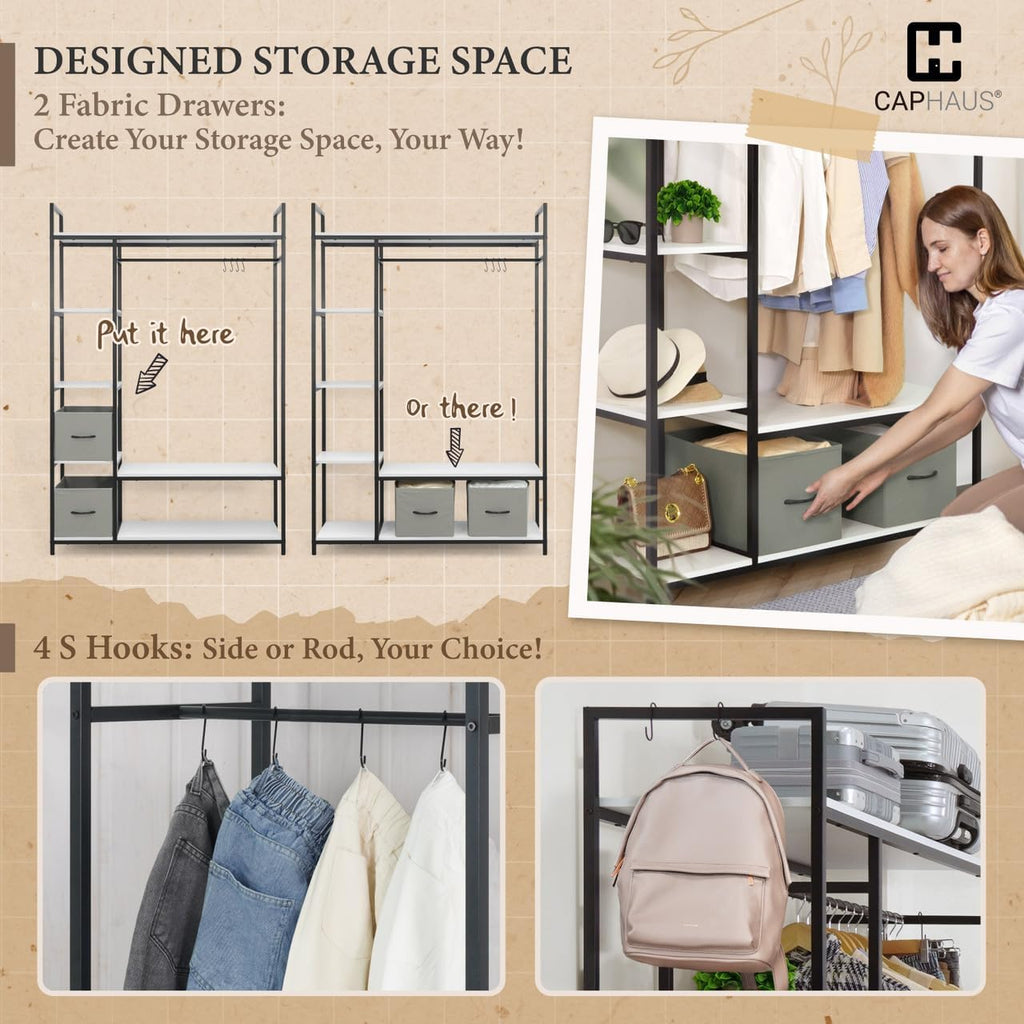 CAPHAUS 979lbs Capacity Garment Rack for Hanging Clothes, Heavy Duty Open Wardrobe w/Hanging Rods & Fabric Drawers, Free Standing Closet Organizer, Metal Closet Rack w/Rustic Oak Wooden Shelves