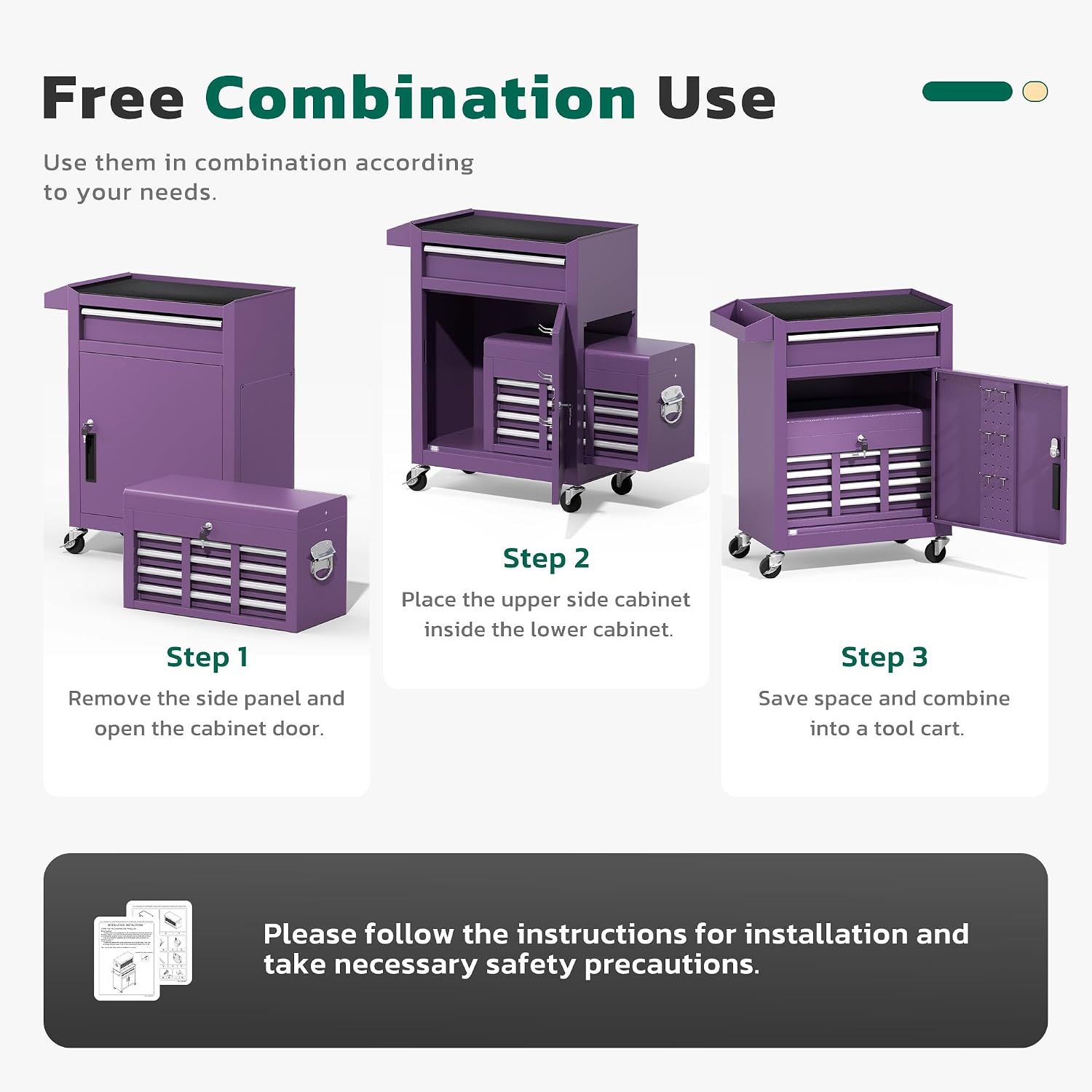 Greenvelly Tool Chest, 5-Drawer Rolling Tool Chest with Hooks and Lockable Wheels,Metal Storage Detachable Top Tool Box with Lockable Wheels for Garage,Workshop,Art Studio(Purple)