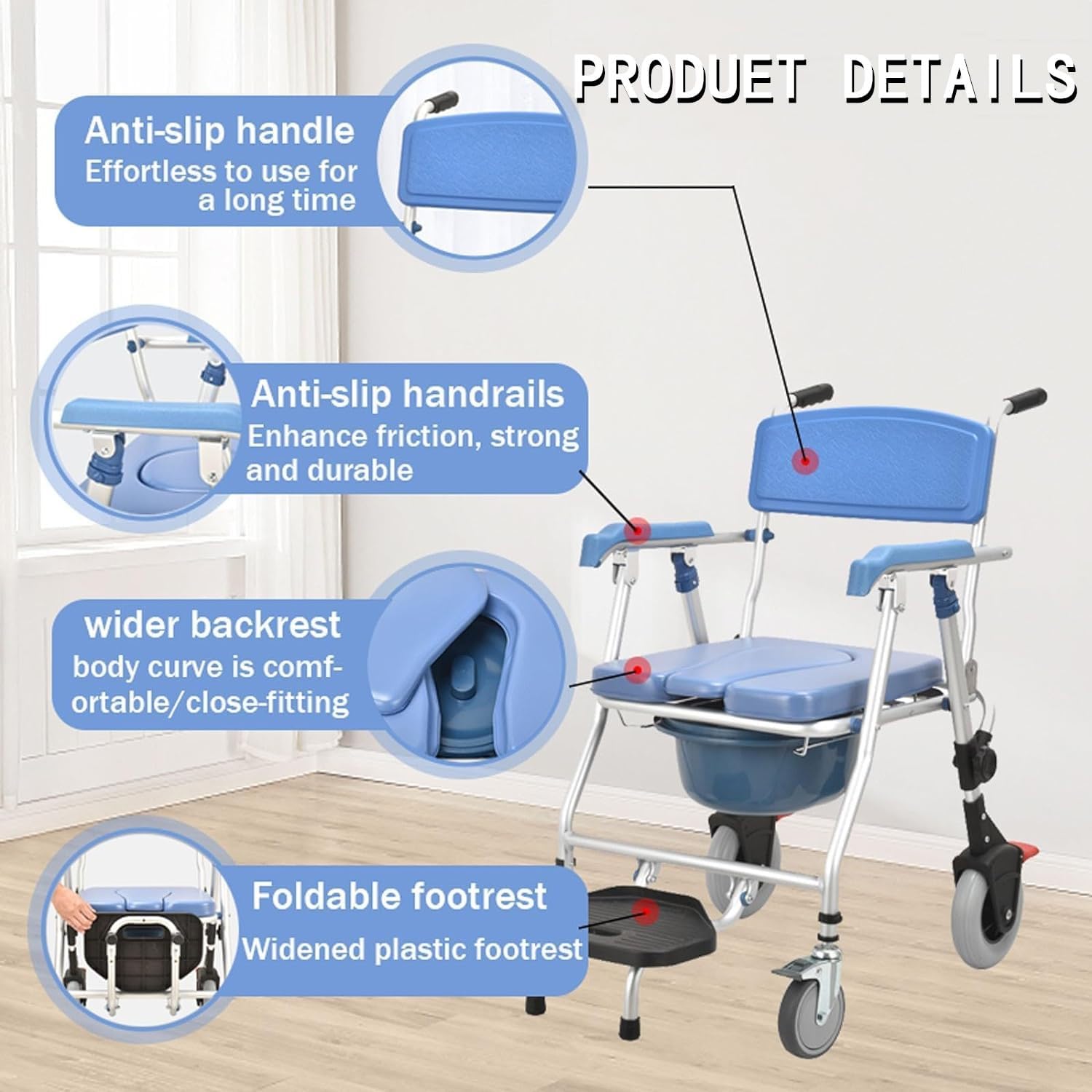 Commode Chair for Seniors with Wheels, 3-in-1 Toilet Shower Wheelchair for Seniors Injured Person Pregnant Shower Chair Foldable with Brake and Oval Commode, up to 150Kg