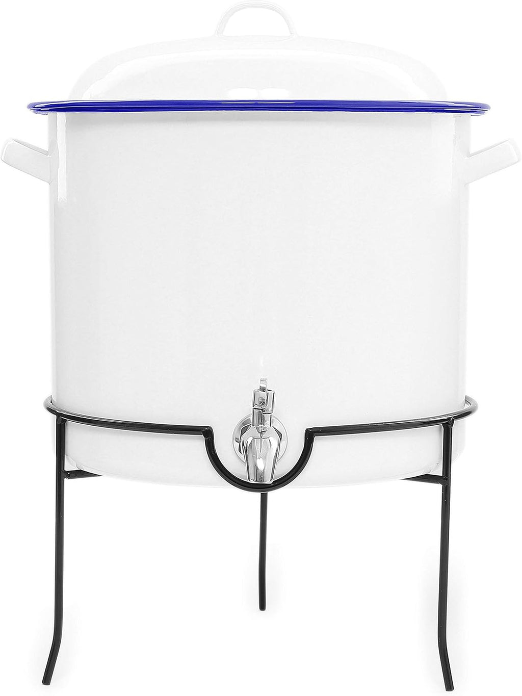 Enamelware Beverage Dispenser with Rack, 15 quart, Vintage White/Blue