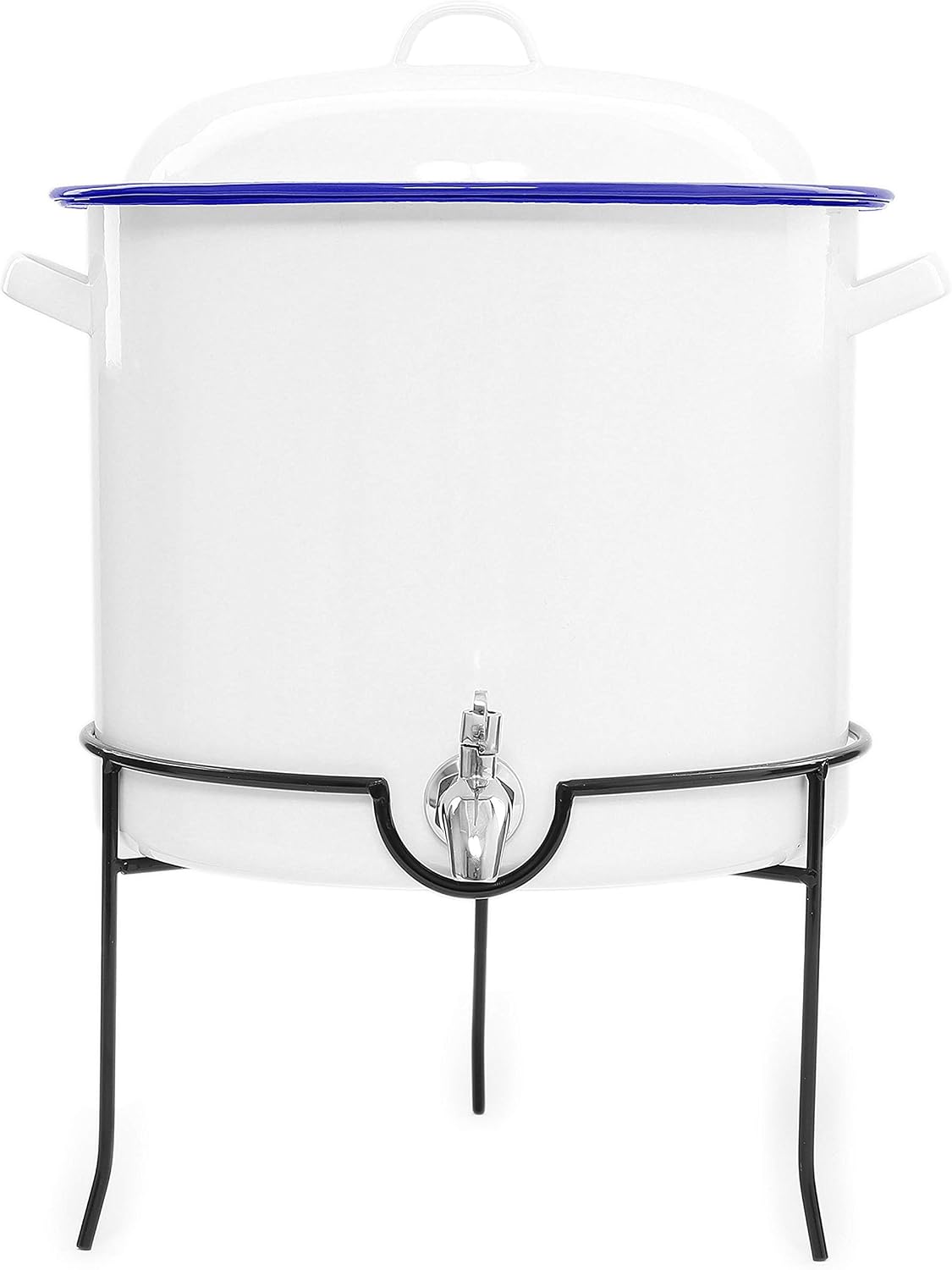Enamelware Beverage Dispenser with Rack, 15 quart, Vintage White/Blue