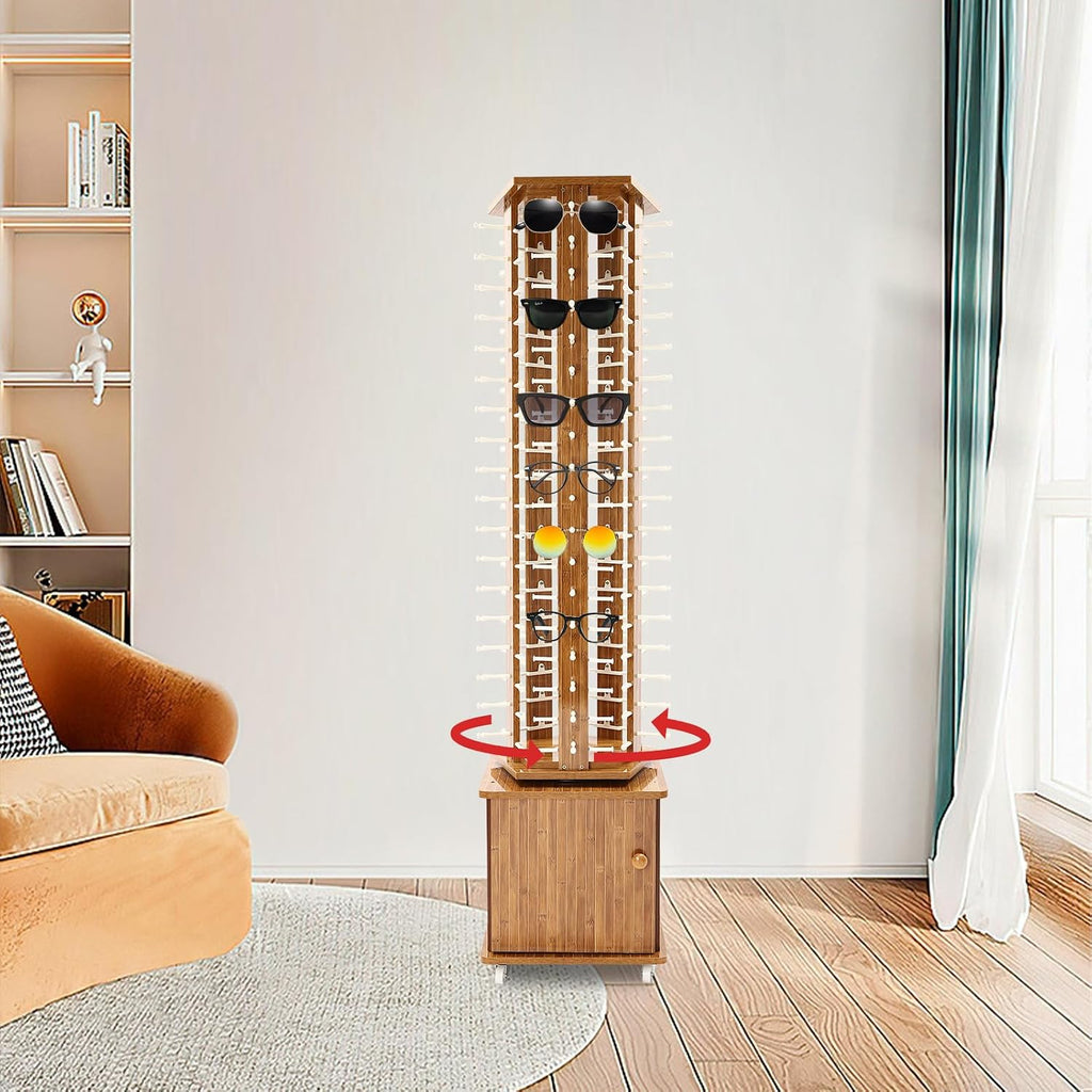 Rotating Sunglasses Organizer 5-Sided Eyeglass Display Stand With Wheels 90 Pairs Capacity 360° Rotating Sunglasses Rack Eyewear Organizer for Retail Shop (Dark Brown)