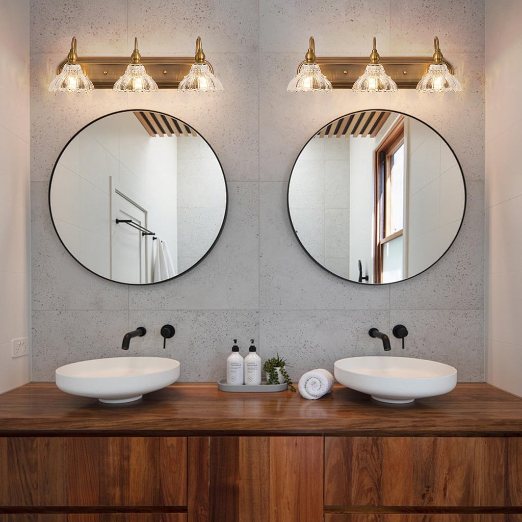 Vintage 3-Light Bathroom Vanity Lighting Fixtures Modern Wall Sconces Brass Glass Retro Vanity Light for Bedroom, Bathroom, Doorway, Farmhouse, Hallway