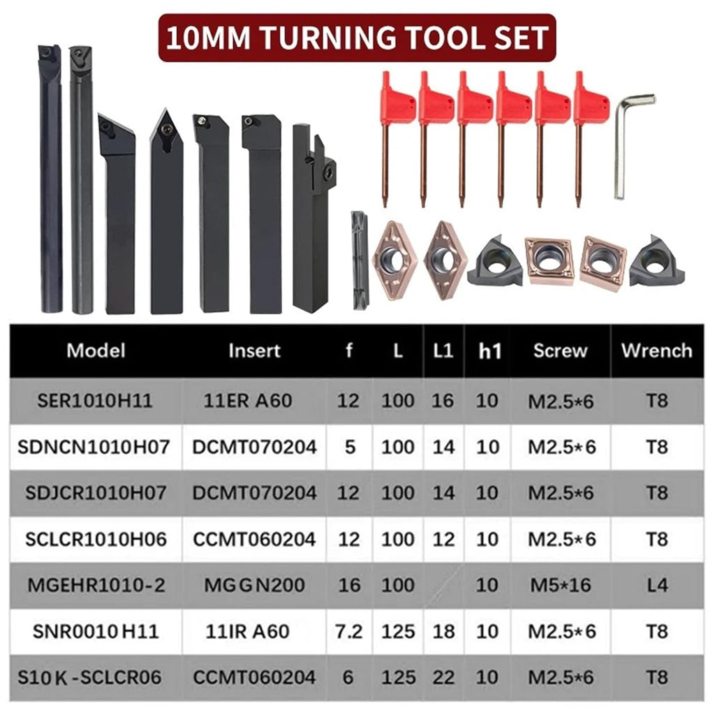 10/12/16MM Turning Tool Sets MGEHR SDJCR SDNCN SCLCR SER SNR Lathe Boring Bar with 7PCS Carbide Insert CNC Cutting Holder(10MM Set 1 X2)
