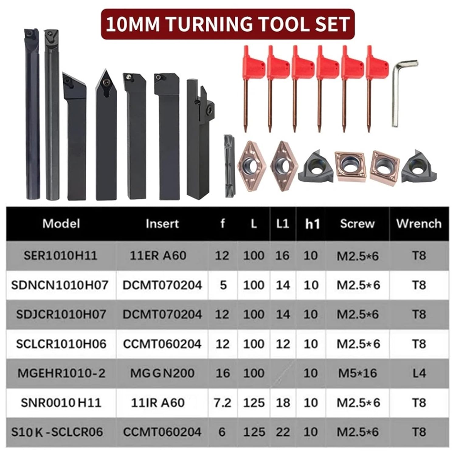10/12/16MM Turning Tool Sets MGEHR SDJCR SDNCN SCLCR SER SNR Lathe Boring Bar with 7PCS Carbide Insert CNC Cutting Holder(10MM Set 2 X2)