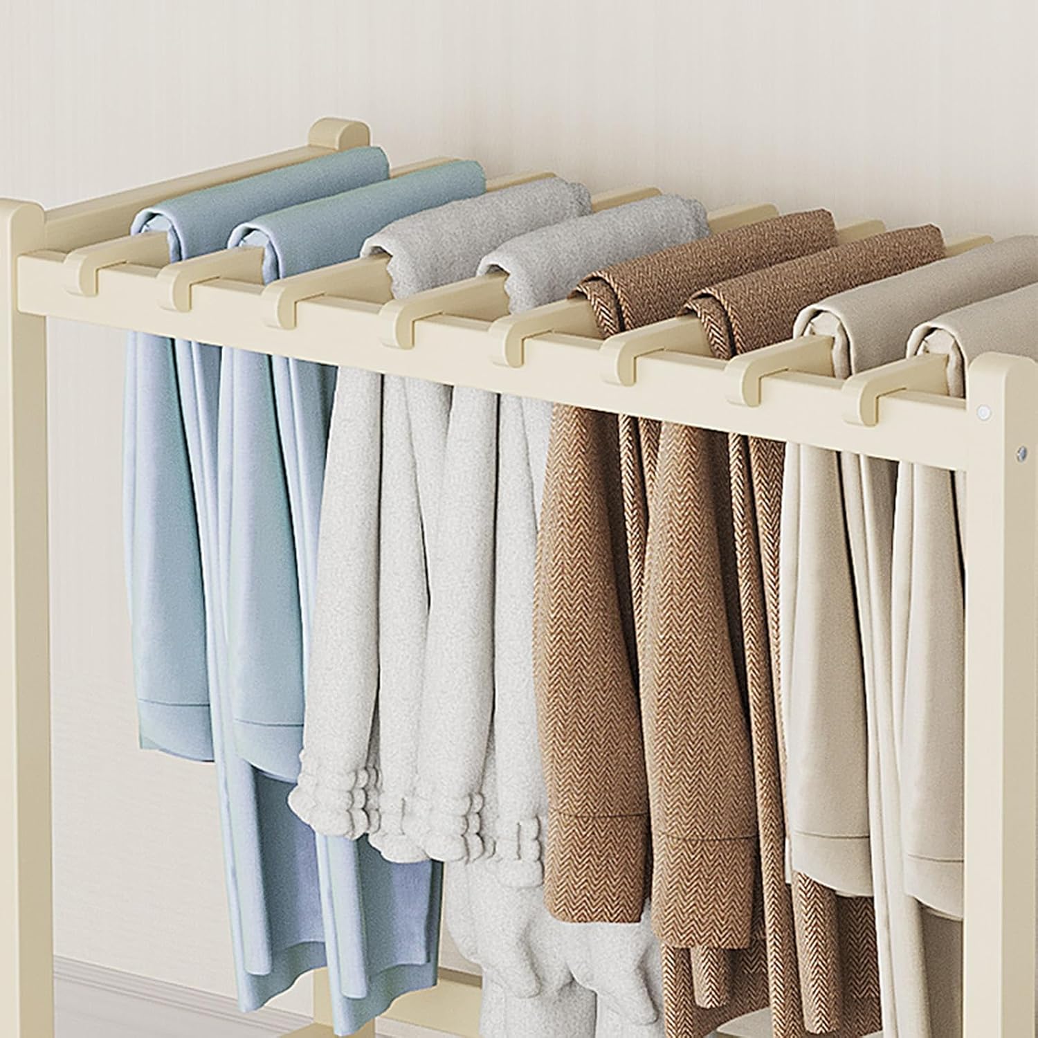Natural Wood Rolling Garment Rack with Wheels – Freestanding Metal Closet for Skirts, Scarves & Jeans – Perfect for Bedroom & Laundry Room Organization