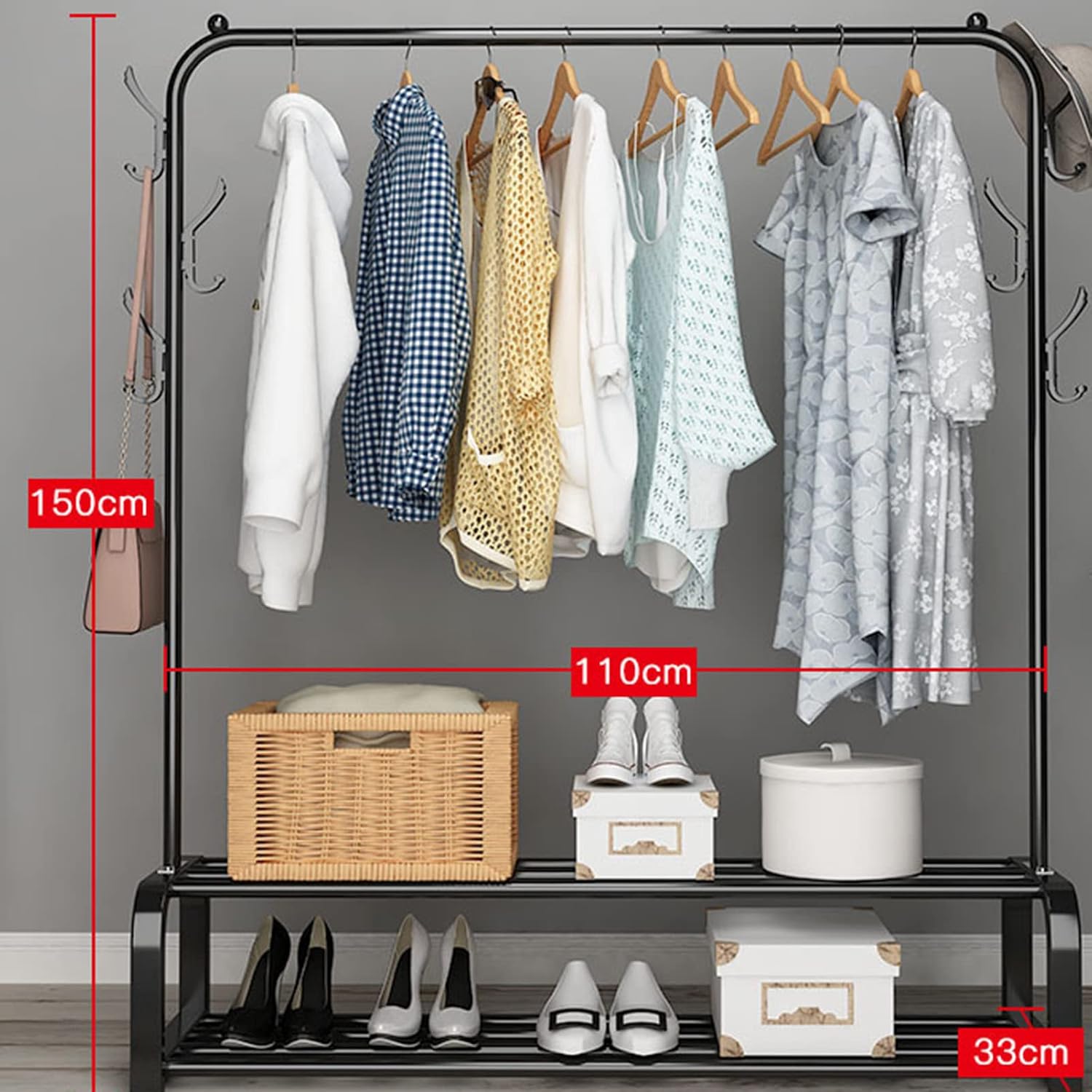 Rolling Garment Rack with Wheels, Towel Drying Rack Outdoor, Heavy Duty Metal Clothing Racks, Entryway Organizer Storage Shoes Bags Clothes Shelves