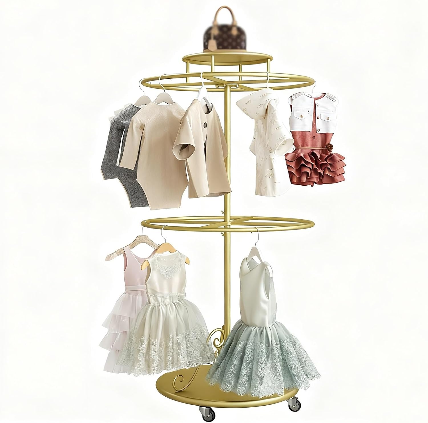 Rotatable Round Clothes Rack, 2-tier Retail Kids Garment Rack with Top Shelf and Wheels, Retail Clothing Display Stand with Wheels, for Boutique Retail Display(Gold)