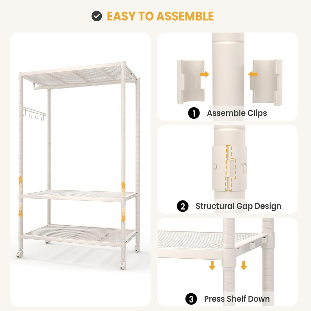 Heavy Duty Rolling Clothes Rack with Wheels, Clothing Racks with Adjustable Shelves & Side Hooks for Hanging Clothes, Freestanding Storage Closet Clothing Rack for Bedroom Laundry Room, Beige