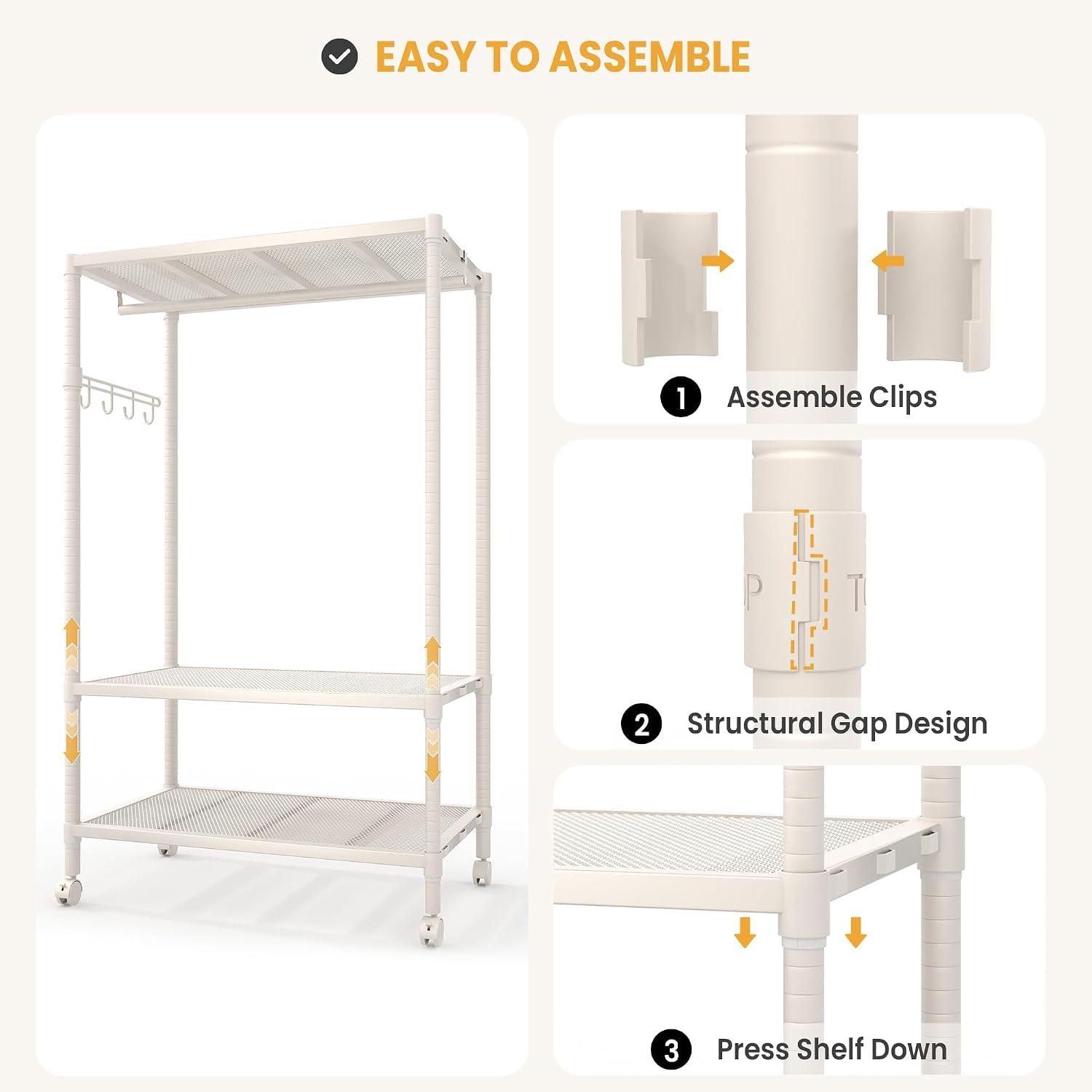 Heavy Duty Rolling Clothes Rack with Wheels, Clothing Racks with Adjustable Shelves & Side Hooks for Hanging Clothes, Freestanding Storage Closet Clothing Rack for Bedroom Laundry Room, Beige