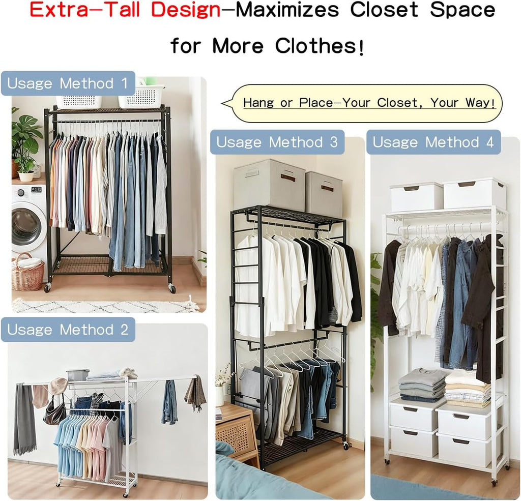 lumizone Folding Clothing Rack with Wheels Expandable Wardrobe Portable Clothes Rack for Hanging Clothes Adjustable Closet Shelves Garment Rack Durable Closet Racks for Hanging Clothes (Pro White)