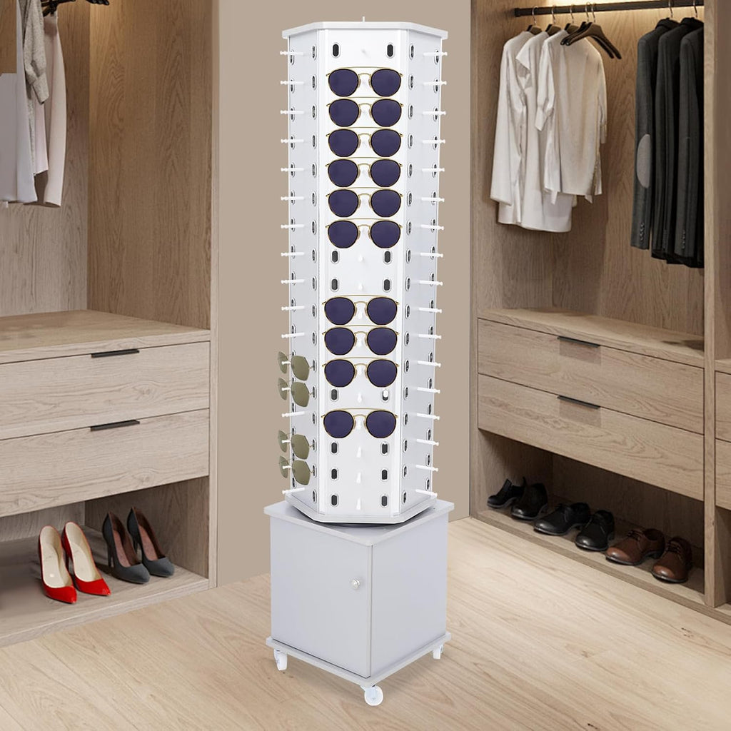 102 Pairs Rotating Glasses Display Stand, Eyewear Storage Organizer with Cabinet & Wheels, Commercial Sunglasses Display Rack, Optical Shop Glasses Holder (Silver)