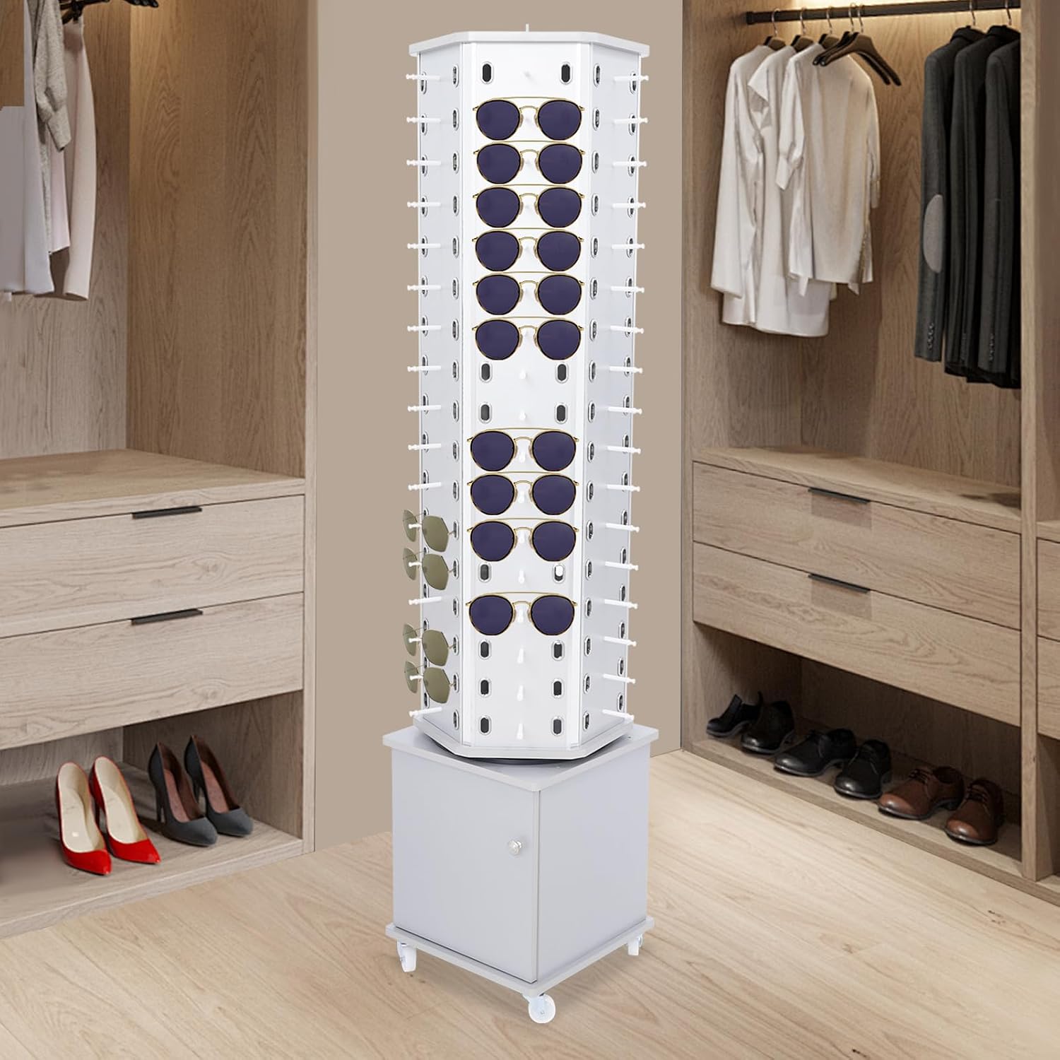 102 Pairs Rotating Glasses Display Stand, Eyewear Storage Organizer with Cabinet & Wheels, Commercial Sunglasses Display Rack, Optical Shop Glasses Holder (Silver)