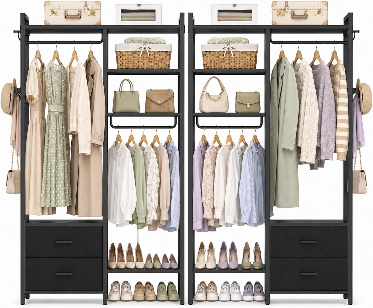 Besiost 78.7'' Clothes Rack for Hanging Clothes - Reversible Clothing Rack with 4 Drawers, Heavy Duty Garment Racks with Shelves, 6 Tiers Freestanding Portable Closet Wardrobe System, Set of 2 Black