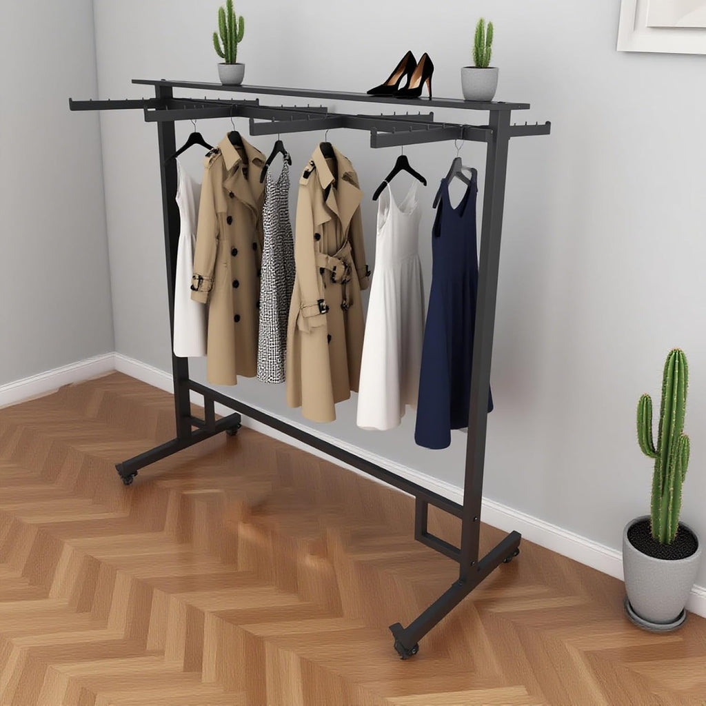 Retail Clothing Rack with Adjustable 8 Arms, Portable Boutique Display Hanging Stand on Wheels and Top Shelf, Floor Standing Metal Garment Shirts Racks, Black