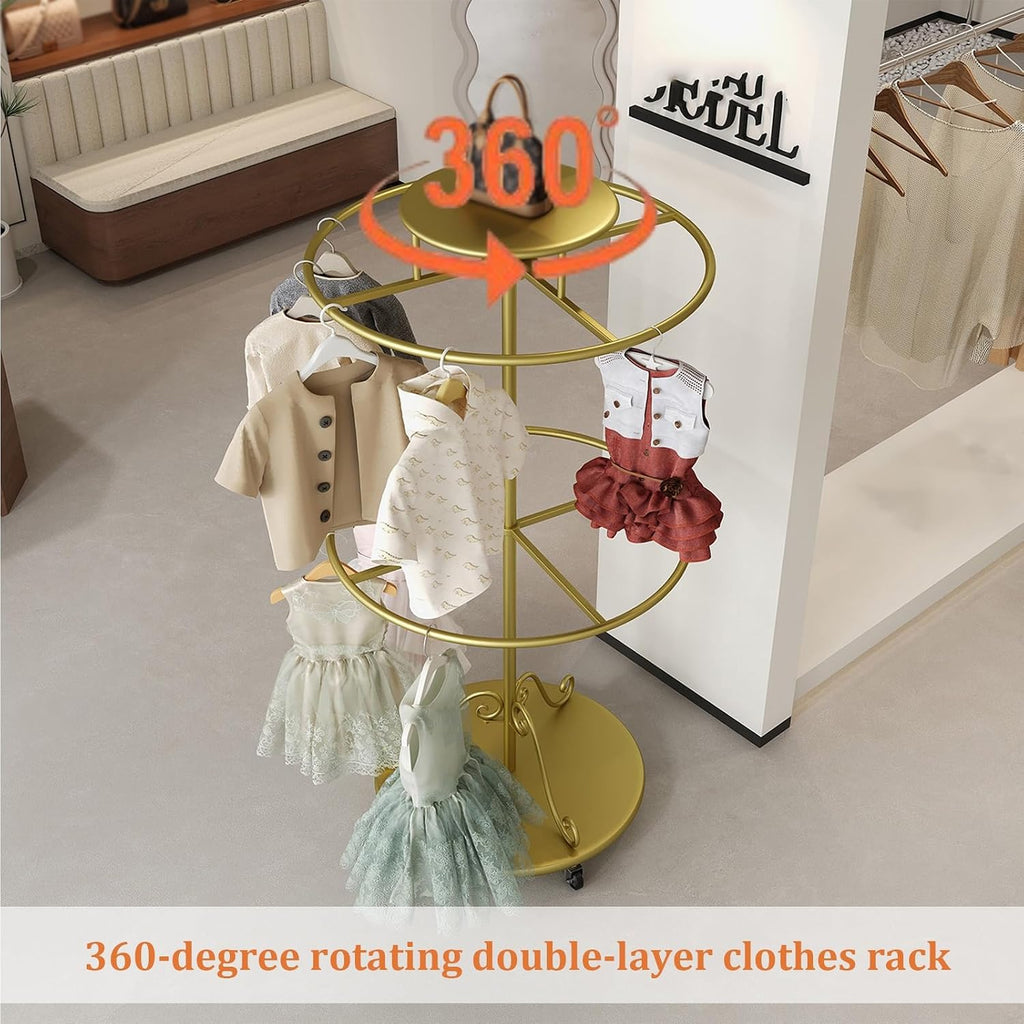 Rotatable Round Clothes Rack, 2-tier Retail Kids Garment Rack with Top Shelf and Wheels, Retail Clothing Display Stand with Wheels, for Boutique Retail Display(Gold)