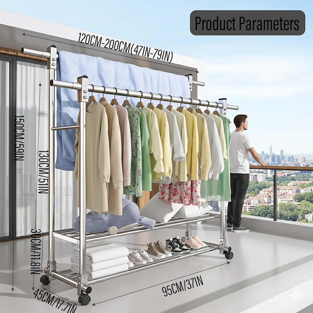 YSUEFIJO Mobile Stainless Steel Laundry Hanger, Double Bars Telescopic Extendable Clothes Drying Rack, Foldable Clothes Organizer, Garment Rack with Wheels, Indoor Outdoor Use