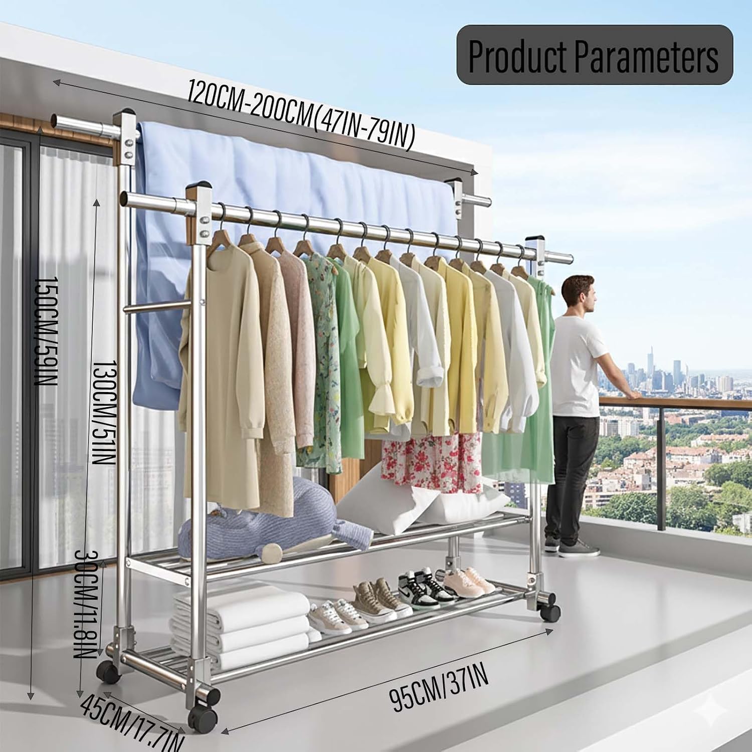 YSUEFIJO Mobile Stainless Steel Laundry Hanger, Double Bars Telescopic Extendable Clothes Drying Rack, Foldable Clothes Organizer, Garment Rack with Wheels, Indoor Outdoor Use